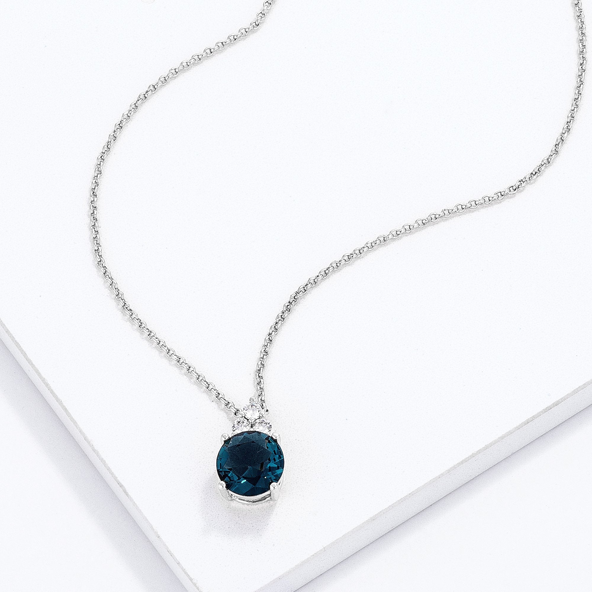 Simple Rhodium Plated 9mm Blue Green CZ Pendant - Charming Charlie