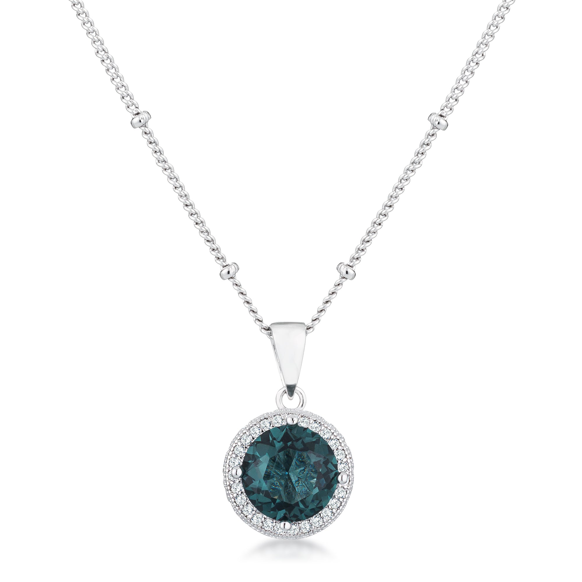 3Ct Rhodium Blue Green CZ Round Halo Satellite Pendant - Charming Charlie