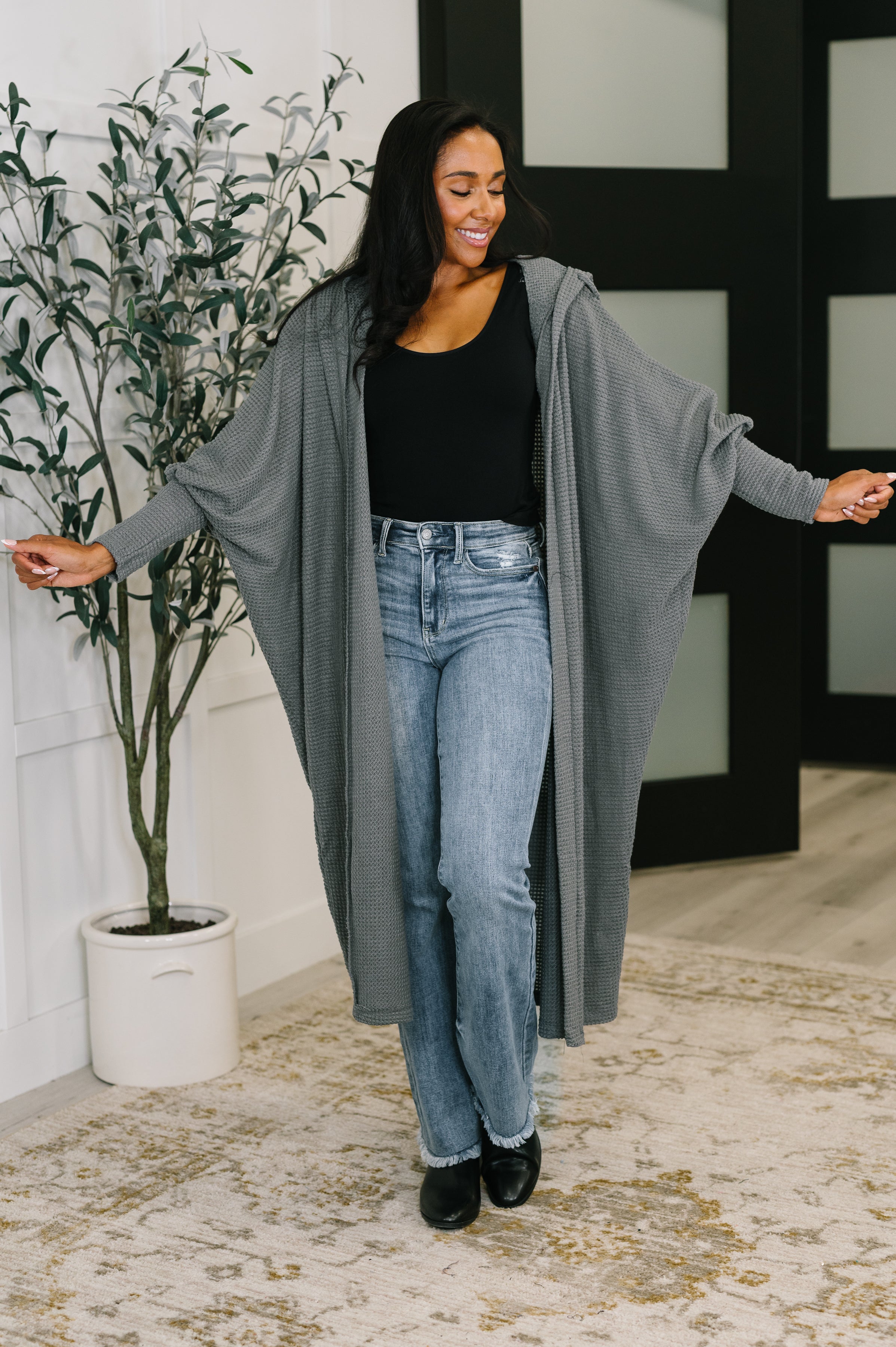 Pamper Travel Hooded Cardigan in Charcoal - Charming Charlie