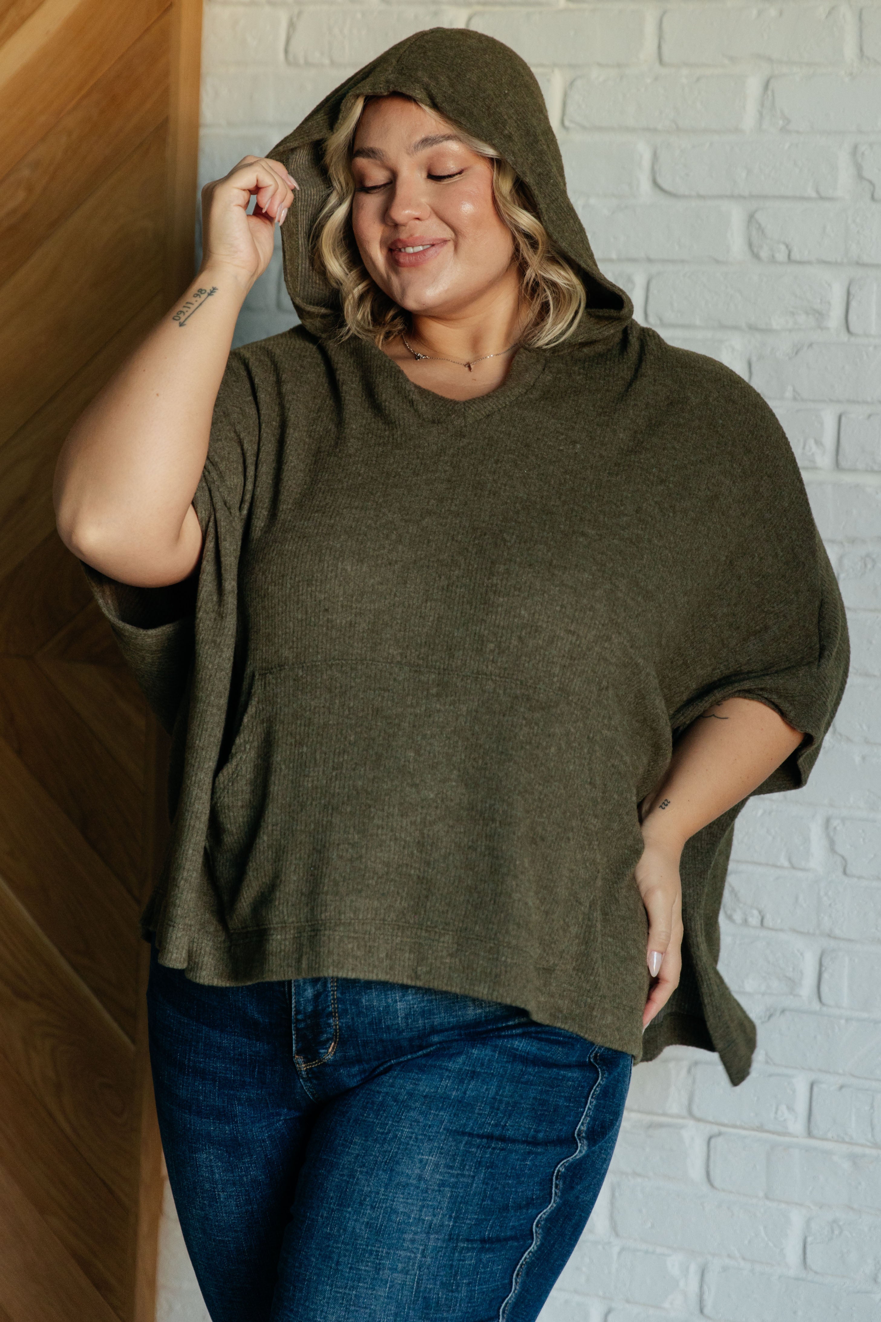 Perfectly Poised Hooded Poncho in Olive - Charming Charlie