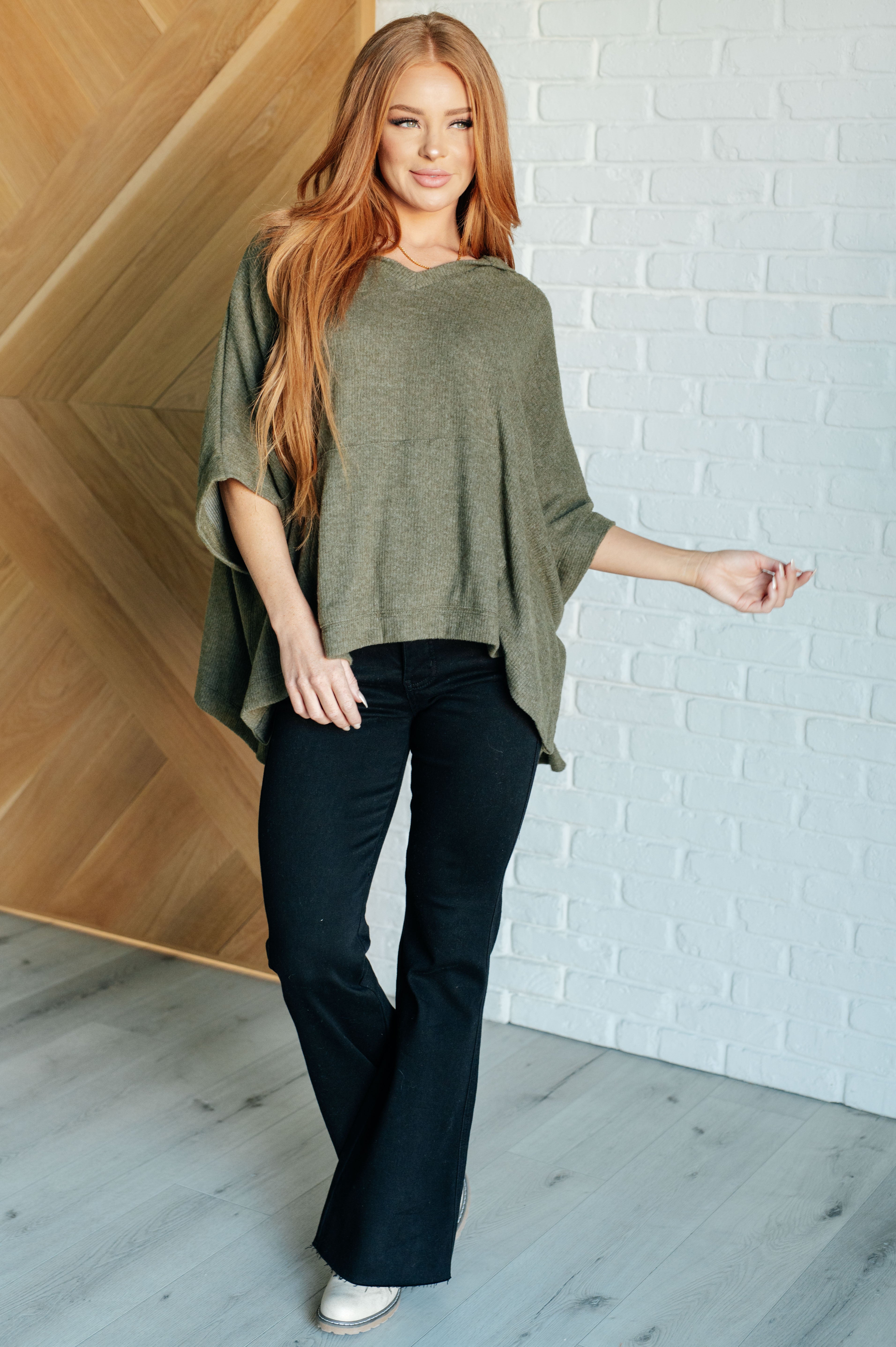 Perfectly Poised Hooded Poncho in Olive - Charming Charlie