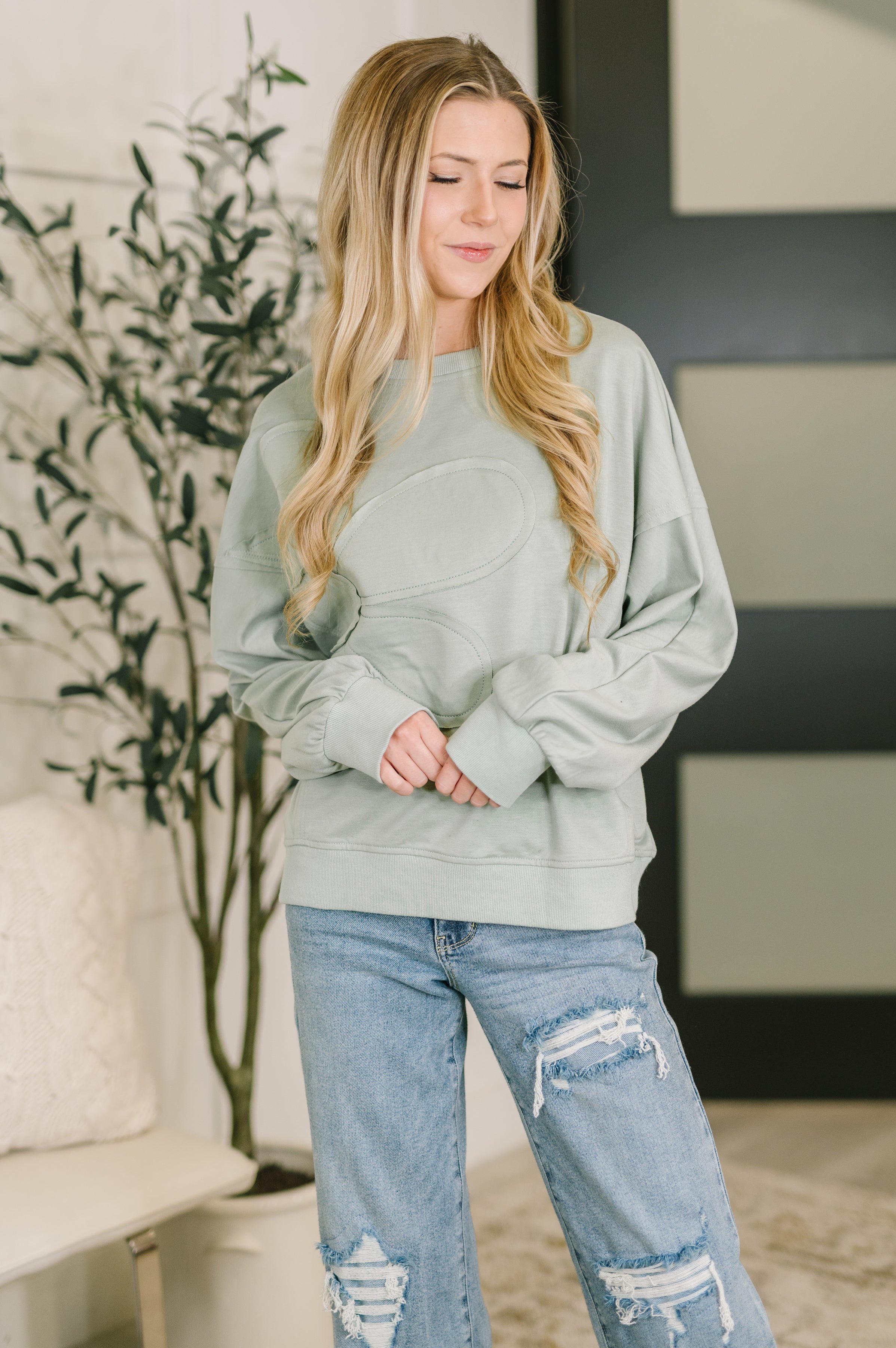 Petal Poise Floral Applique Pullover in Ivy - Charming Charlie