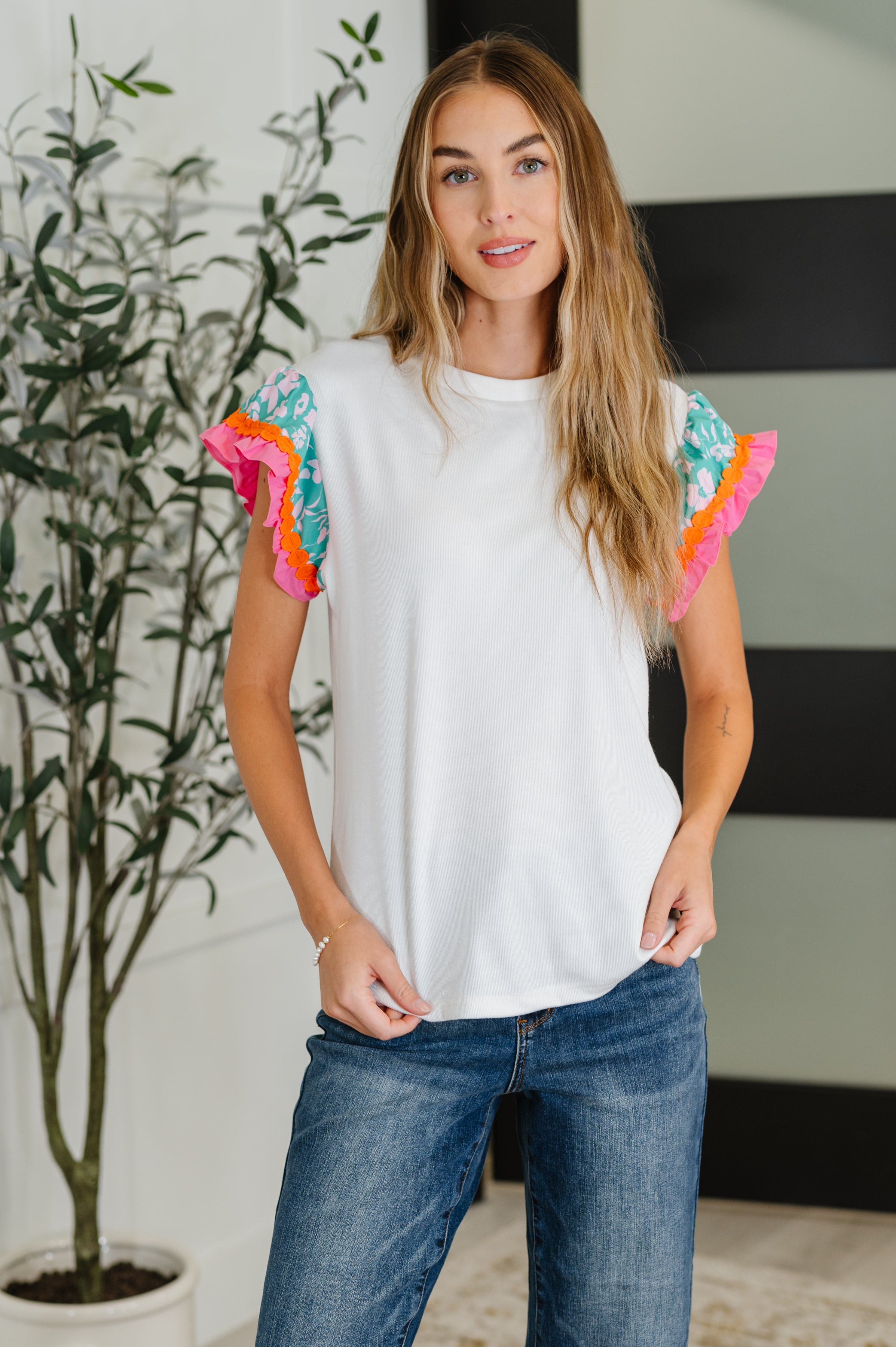 Petals & Poise Floral Flutter Sleeve Top in White - Charming Charlie