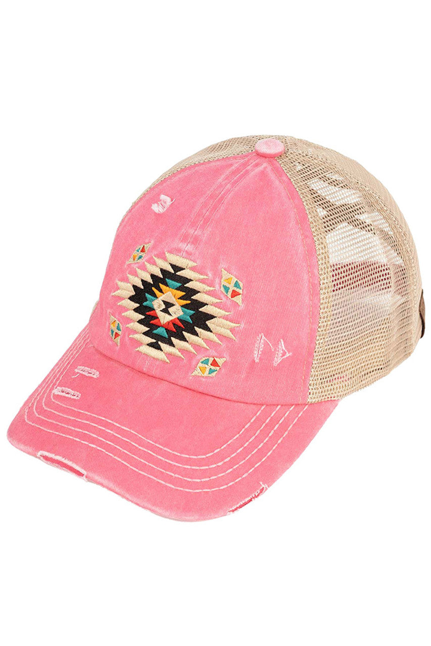 Pink C.C AZTEC PATCH DISTRESSED PONY CAP is a stylish and versatile accessory that combines functionality with fashion. Made of high-quality materials, it features an eye-catching aztec patch design and a distressed finish for a trendy look. Stay protected from the sun and add a touch of personality to your outfit with this must-have cap.