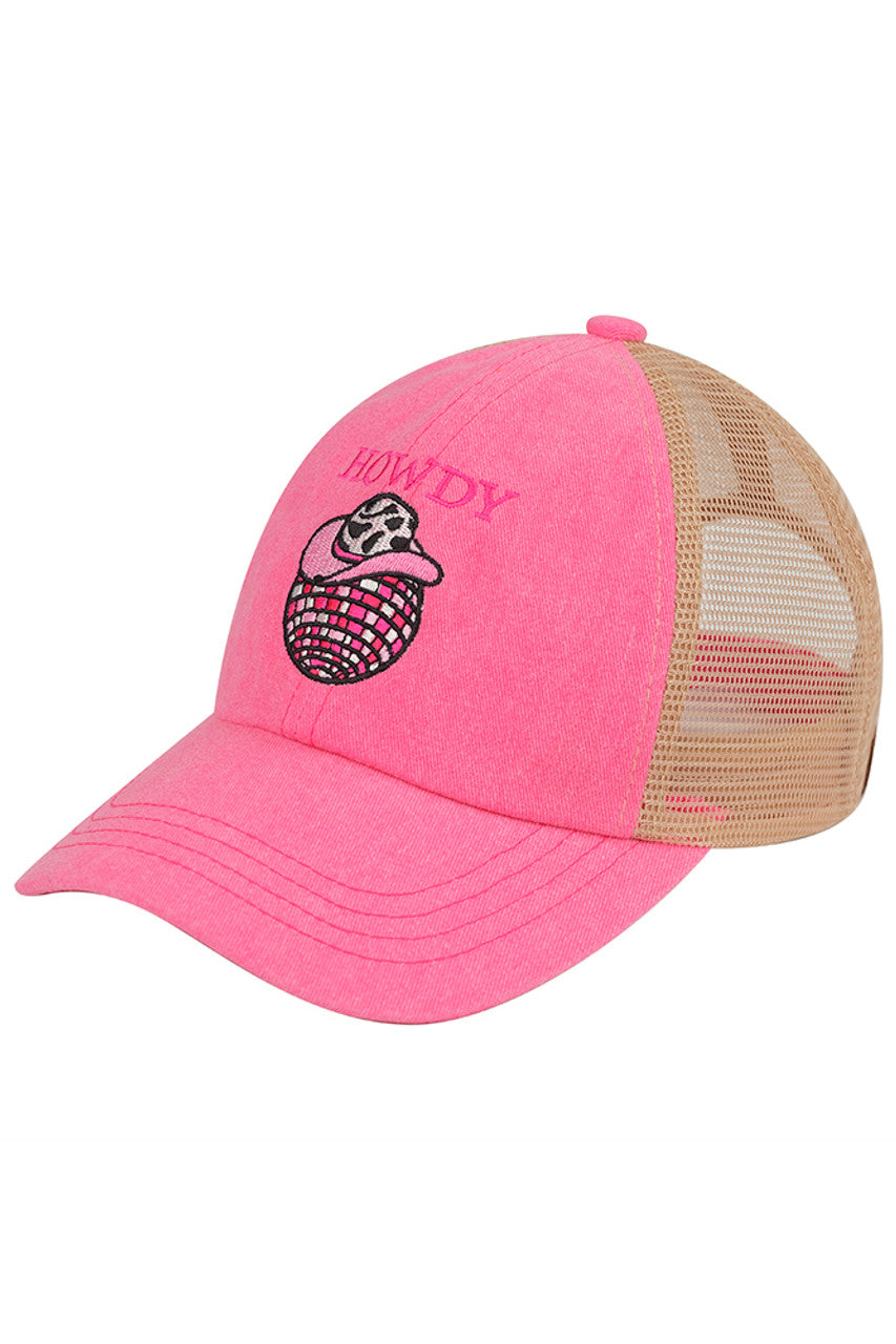 Pink C.C Howdy Discoball Embroidered Baseball Cap is a stylish and unique addition to any wardrobe. Made with high-quality materials and expertly embroidered with a discoball design, this cap is perfect for those looking to make a statement. Stand out from the crowd and enjoy the benefits of both fashion and comfort with this one-of-a-kind cap.