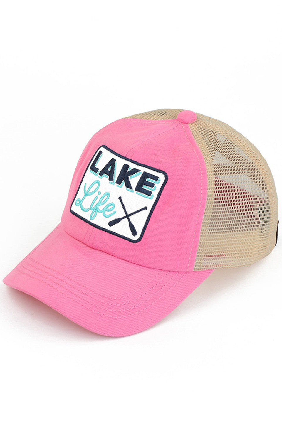 Pink C.C LAKE LIFE PATCH CRISS CROSS PONY CAP is the perfect accessory for those who love spending time at the lake. The crisscross pony cap design adds a stylish touch, while the lakelife patch showcases your love for the great outdoors. Made with high-quality materials, this cap provides both comfort and durability.