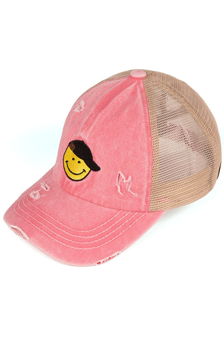 Pink C.C SMILE CRISS-CROSS PONY CAP is a versatile and stylish accessory. Made with high-quality materials and a unique criss-cross design, it offers a secure and comfortable fit. Perfect for any season, this cap adds a touch of fashion to any outfit.