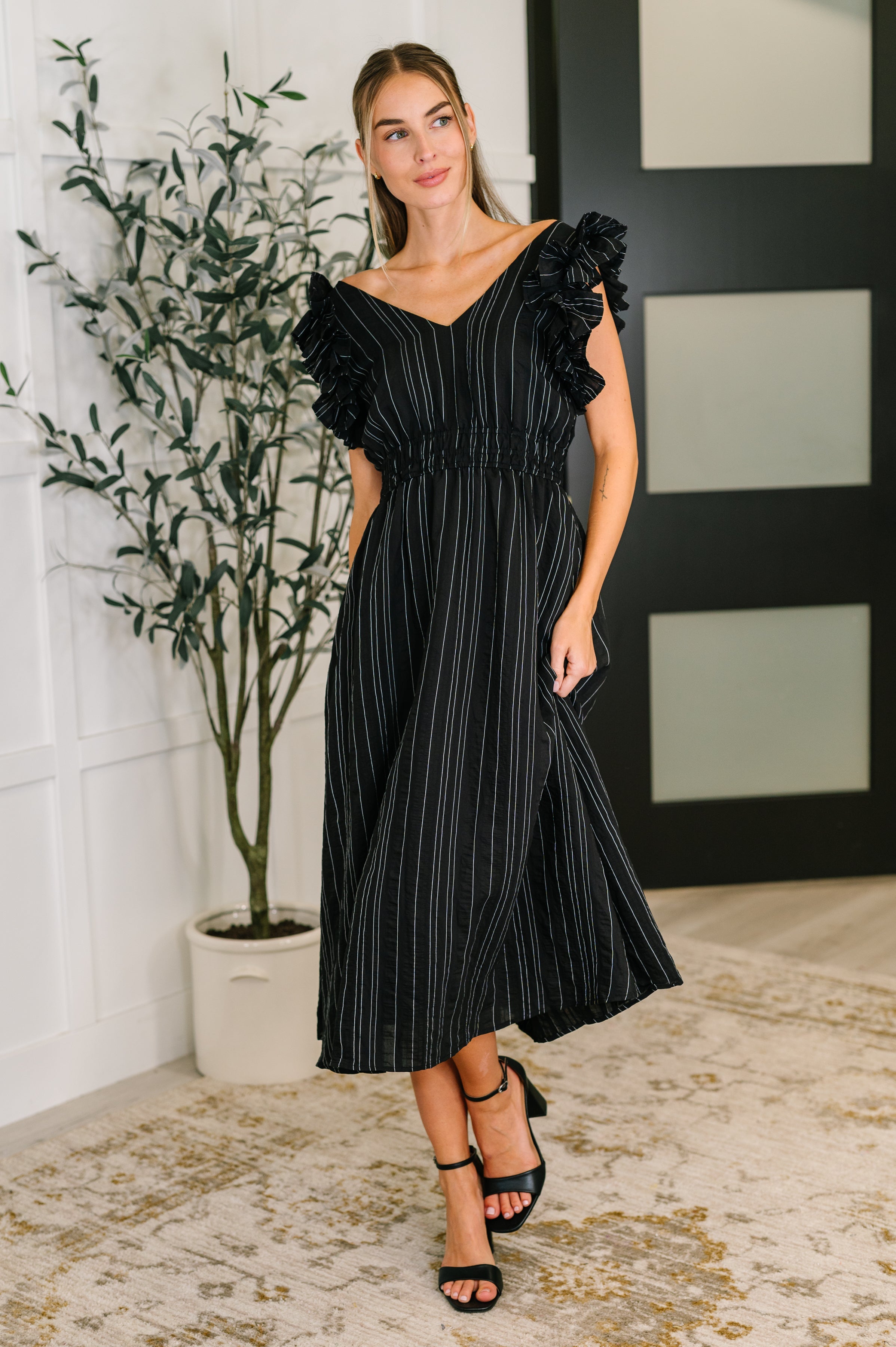 Pinstripe Romance V-Neck Ruffle Sleeve Dress in Black - Charming Charlie
