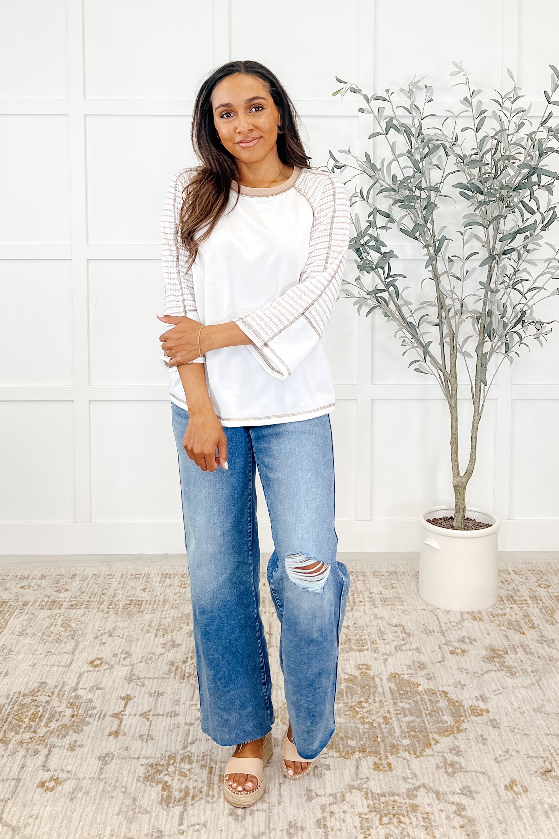 Preoccupied Striped Sleeve Top in Tan - Charming Charlie