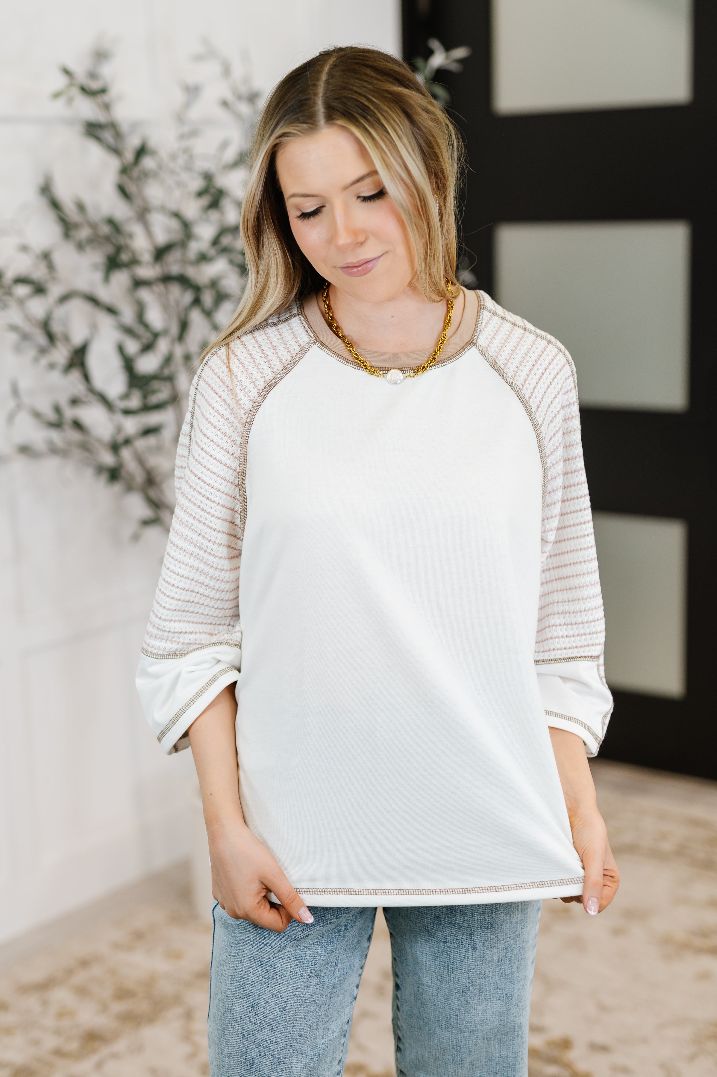 Preoccupied Striped Sleeve Top in Tan - Charming Charlie
