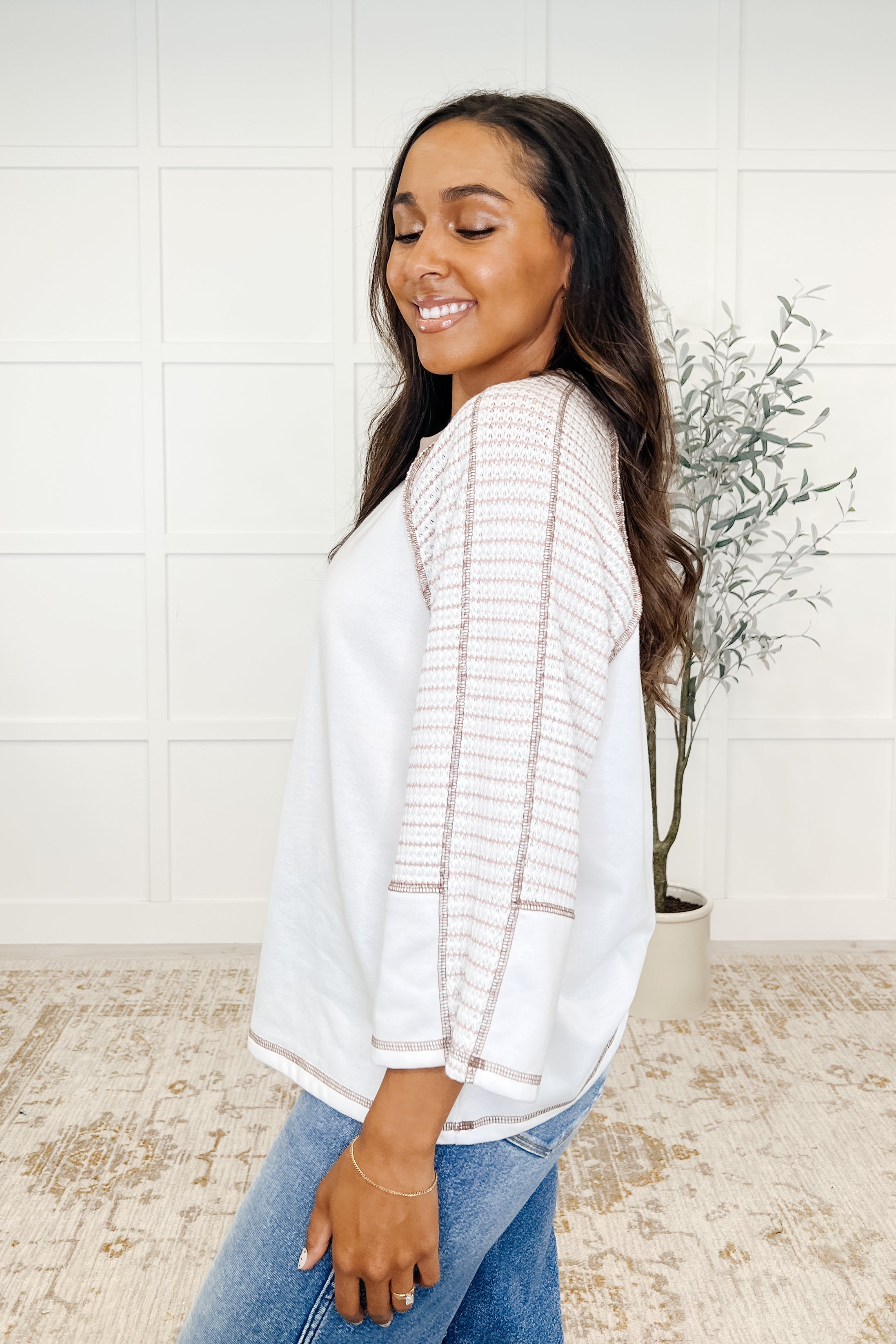Preoccupied Striped Sleeve Top in Tan - Charming Charlie