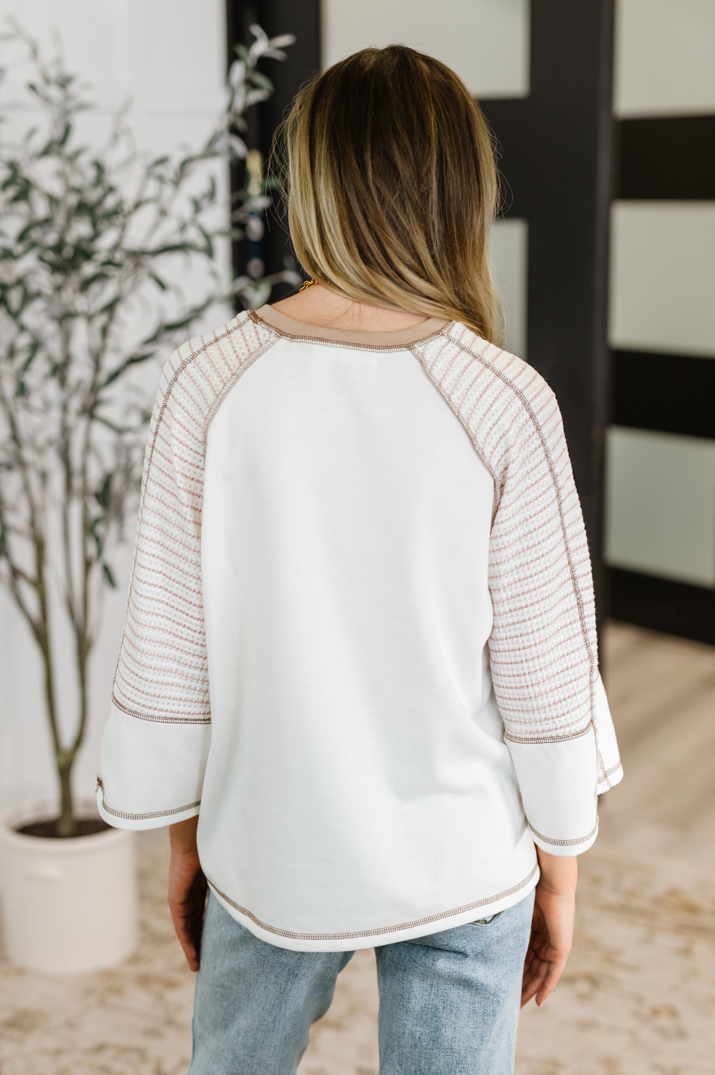 Preoccupied Striped Sleeve Top in Tan - Charming Charlie