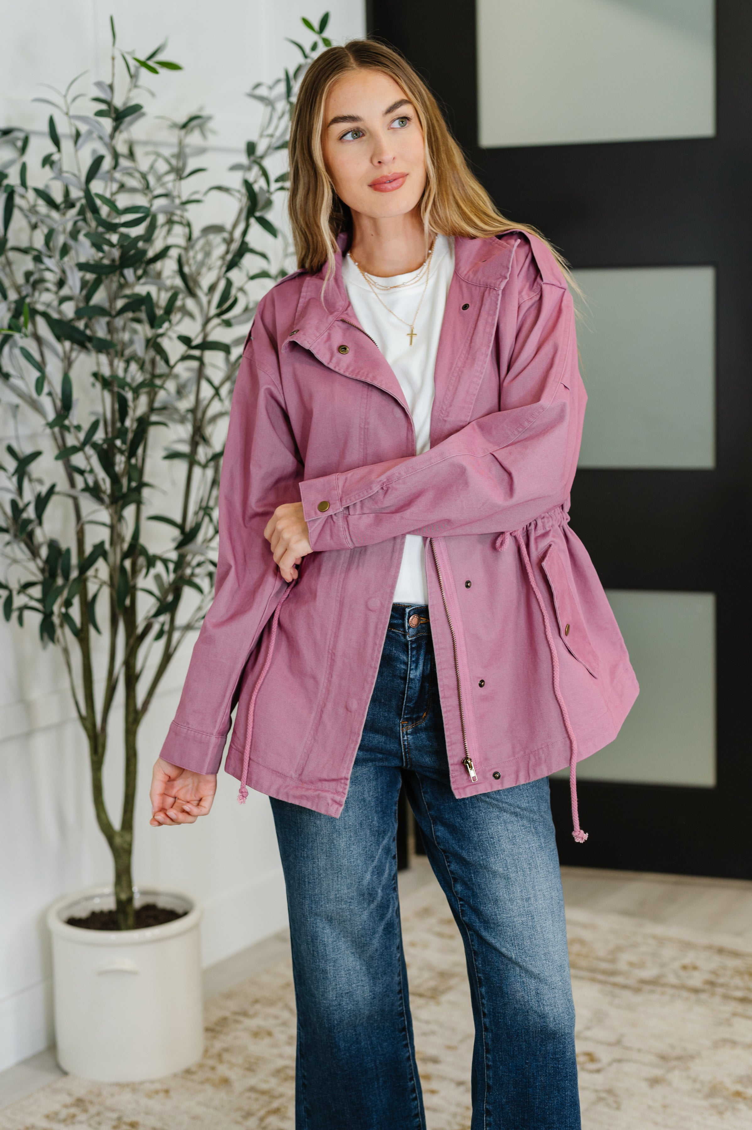 Puddle Jumper Full Front Zip Up Jacket in Mauve - Charming Charlie