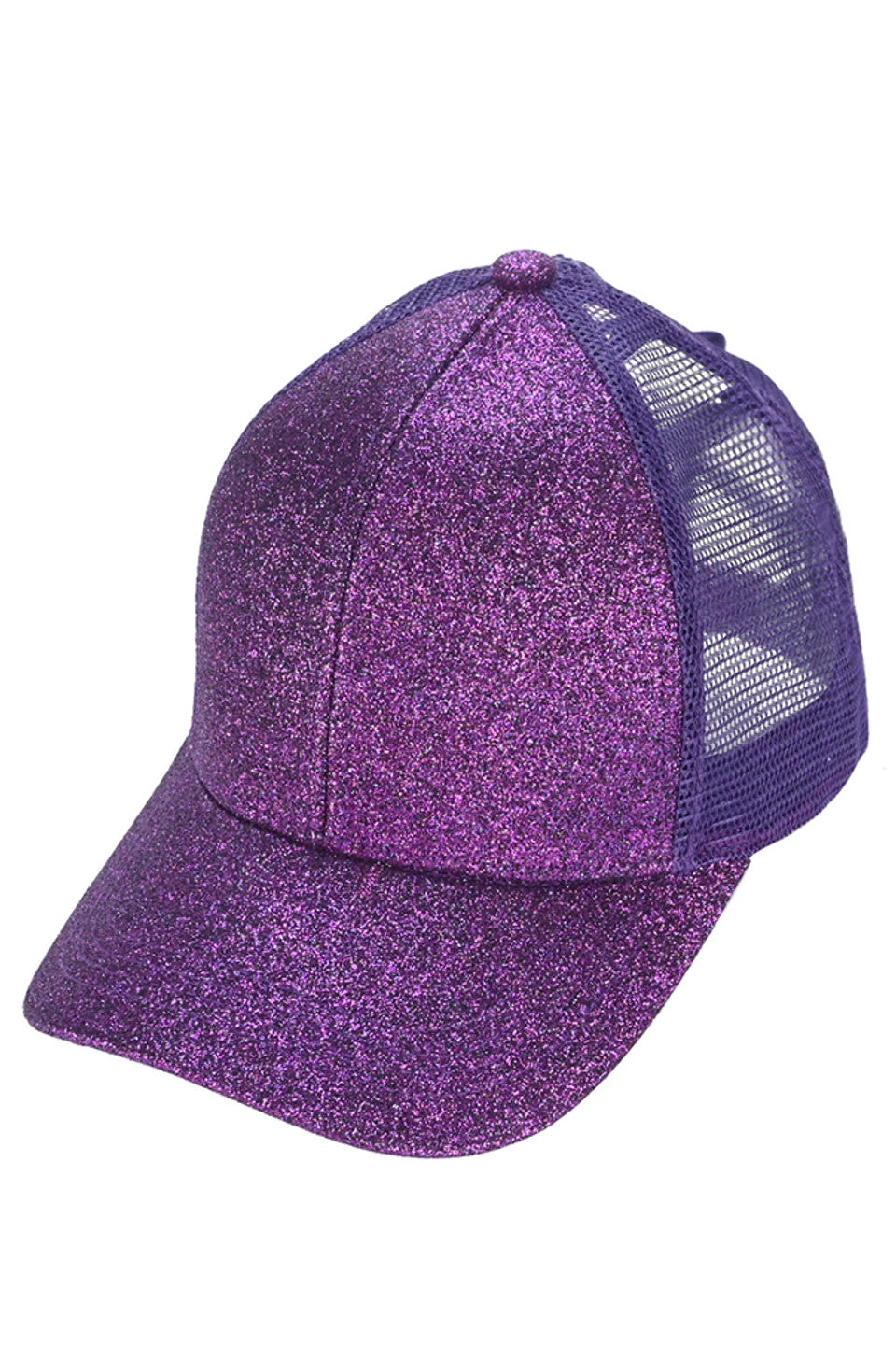 Purple C.C Glitter Mesh Back Criss-Cross Ponytail Cap features a glitter mesh back and criss-cross design, perfect for adding a touch of sparkle to any outfit. Its unique design allows for comfortable and secure wear while keeping your ponytail in place. A must-have accessory for any fashion-forward individual.