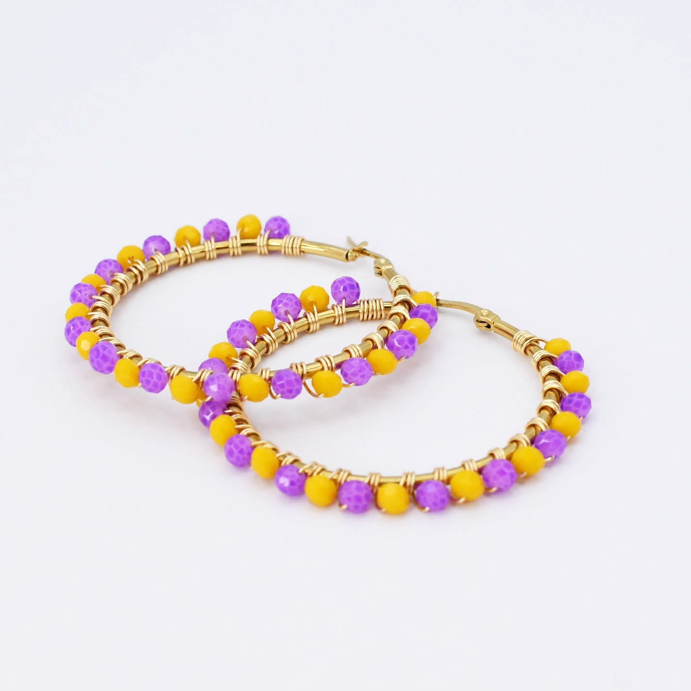 Yellow/Purple Beaded Hoop D54 - Charming Charlie