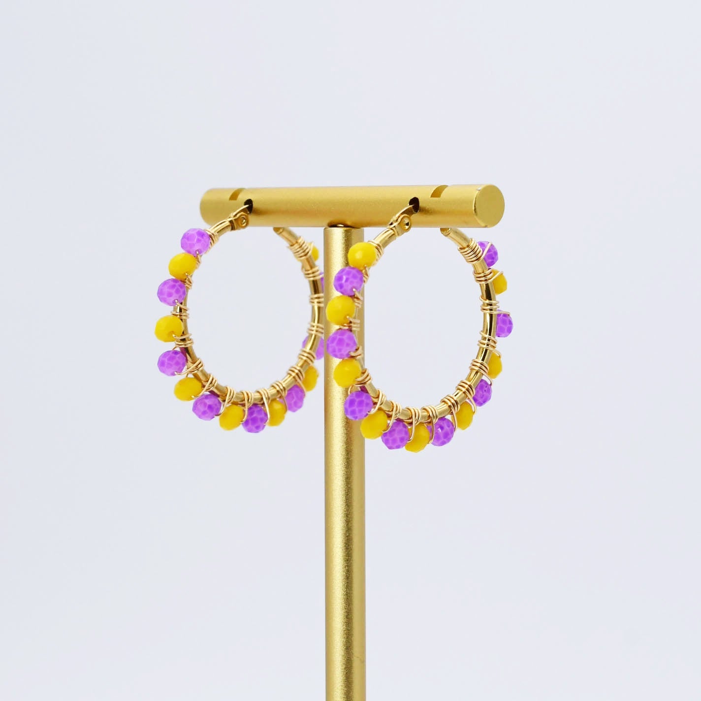 Colorful crystal statement hoop earrings with multicolor beads and sparkling stones, waterproof earrings, tarnish free jewelry, hypoallergenic earrings for sensitive skin, 24k gold dainty earrings, handcrafted gemstone earrings, gold hoop earrings, boutique wholesale earrings, trendy gold jewelry, high quality jewelry gifts