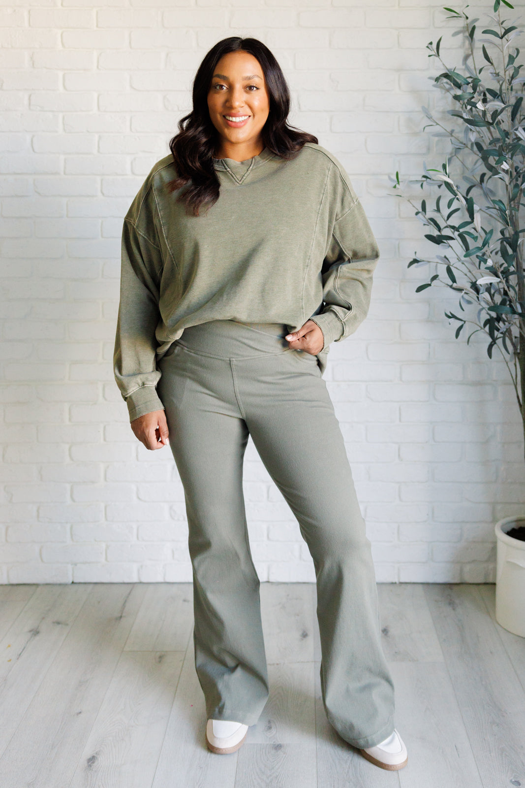 Building Habits Twill Flared Crossover Waist Pant in Dusty Olive - Charming Charlie