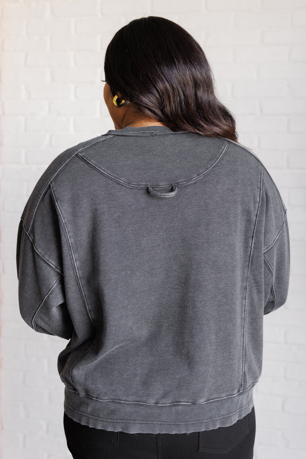 Quick Fix Mineral Wash Crew Neck Pullover in Black - Charming Charlie