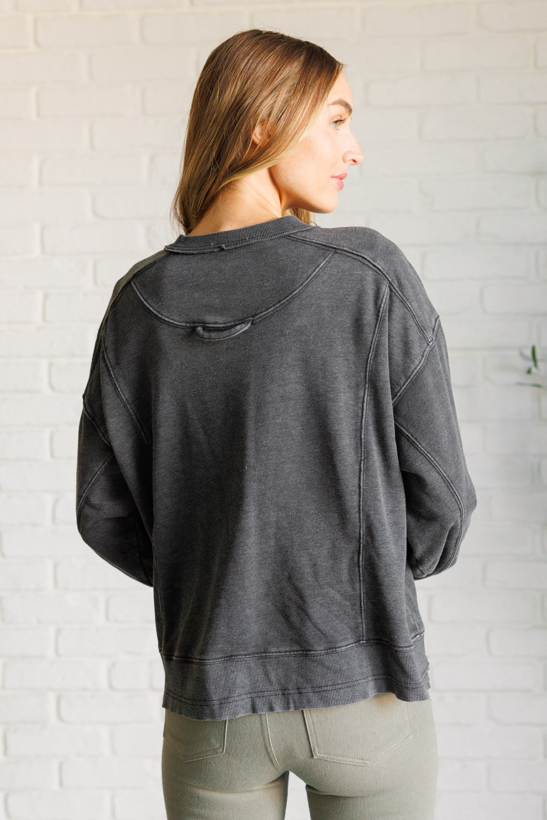 Quick Fix Mineral Wash Crew Neck Pullover in Black - Charming Charlie