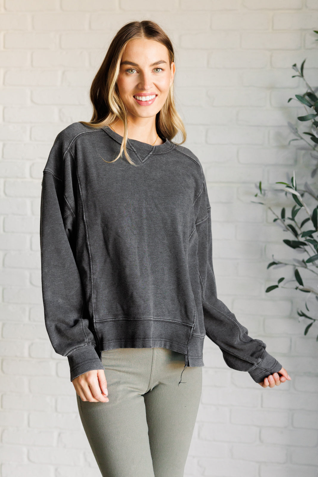 Quick Fix Mineral Wash Crew Neck Pullover in Black - Charming Charlie