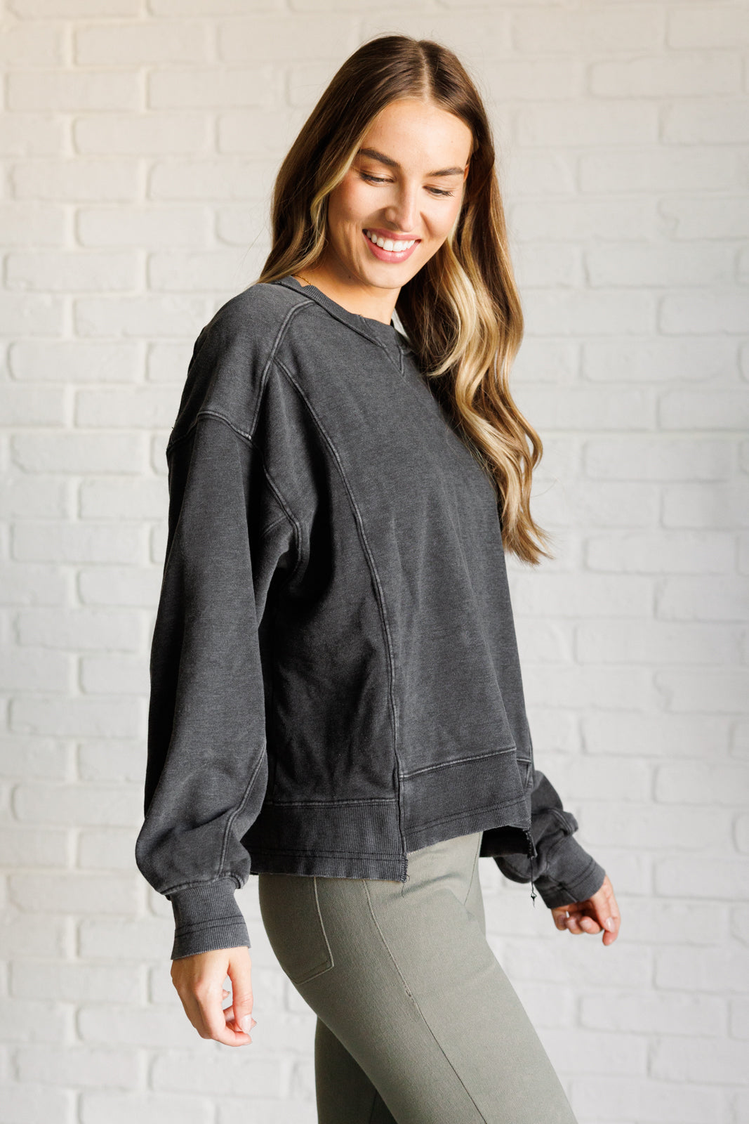 Quick Fix Mineral Wash Crew Neck Pullover in Black - Charming Charlie