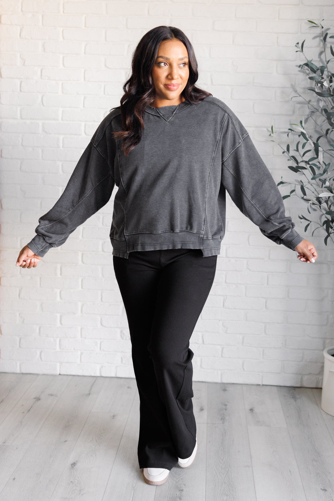 Quick Fix Mineral Wash Crew Neck Pullover in Black - Charming Charlie