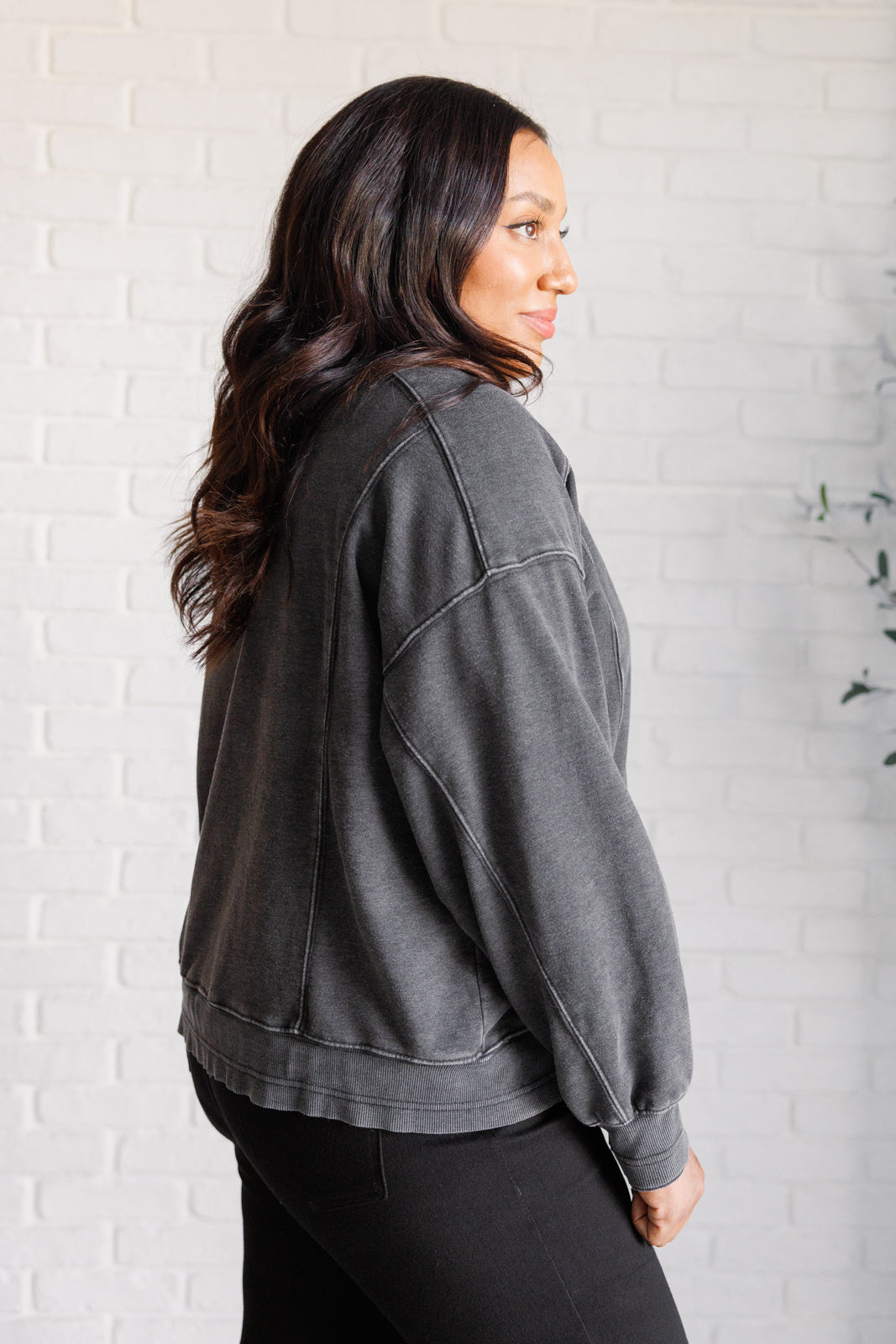 Quick Fix Mineral Wash Crew Neck Pullover in Black - Charming Charlie