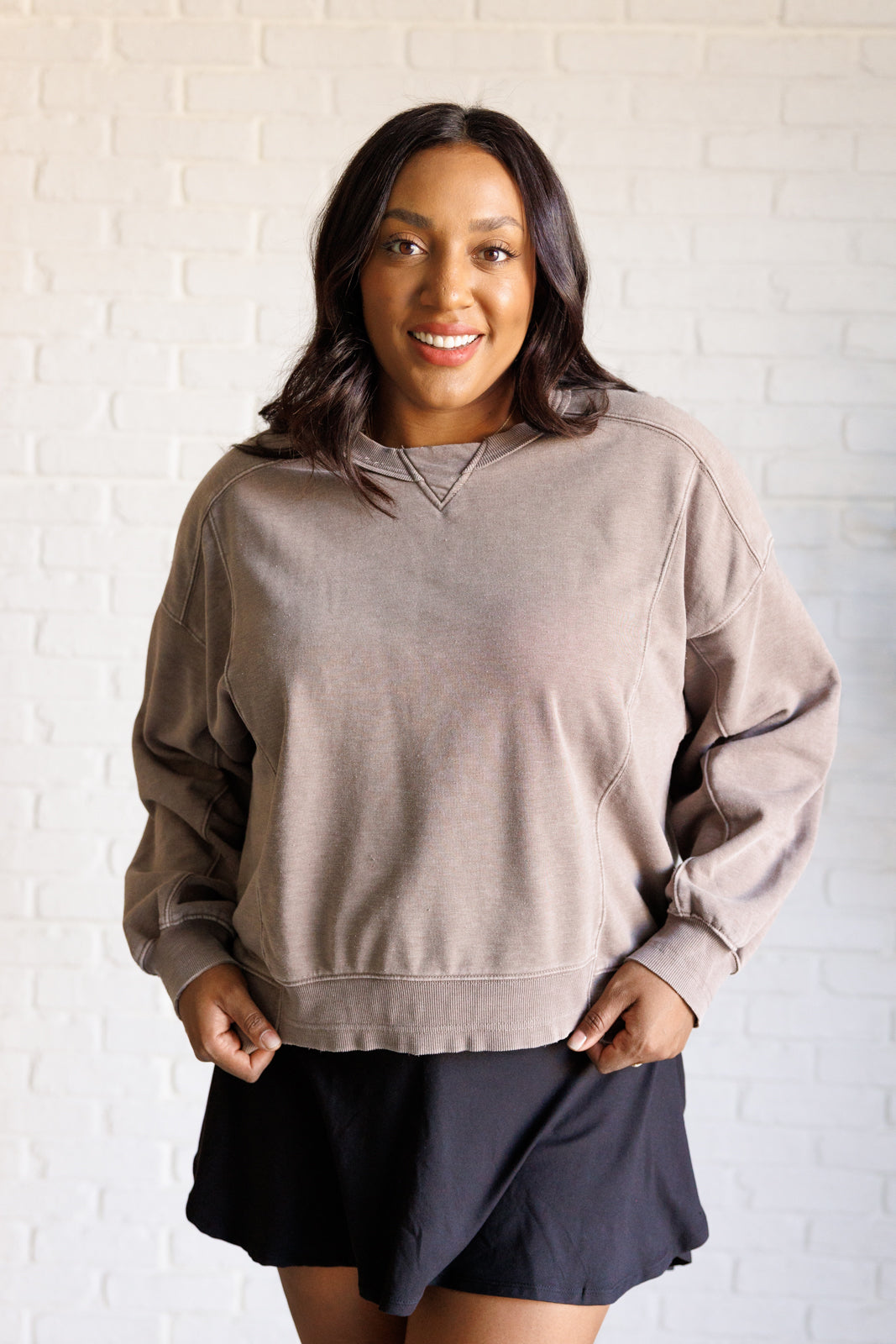 Quick Fix Mineral Wash Crew Neck Pullover in Mocha - Charming Charlie