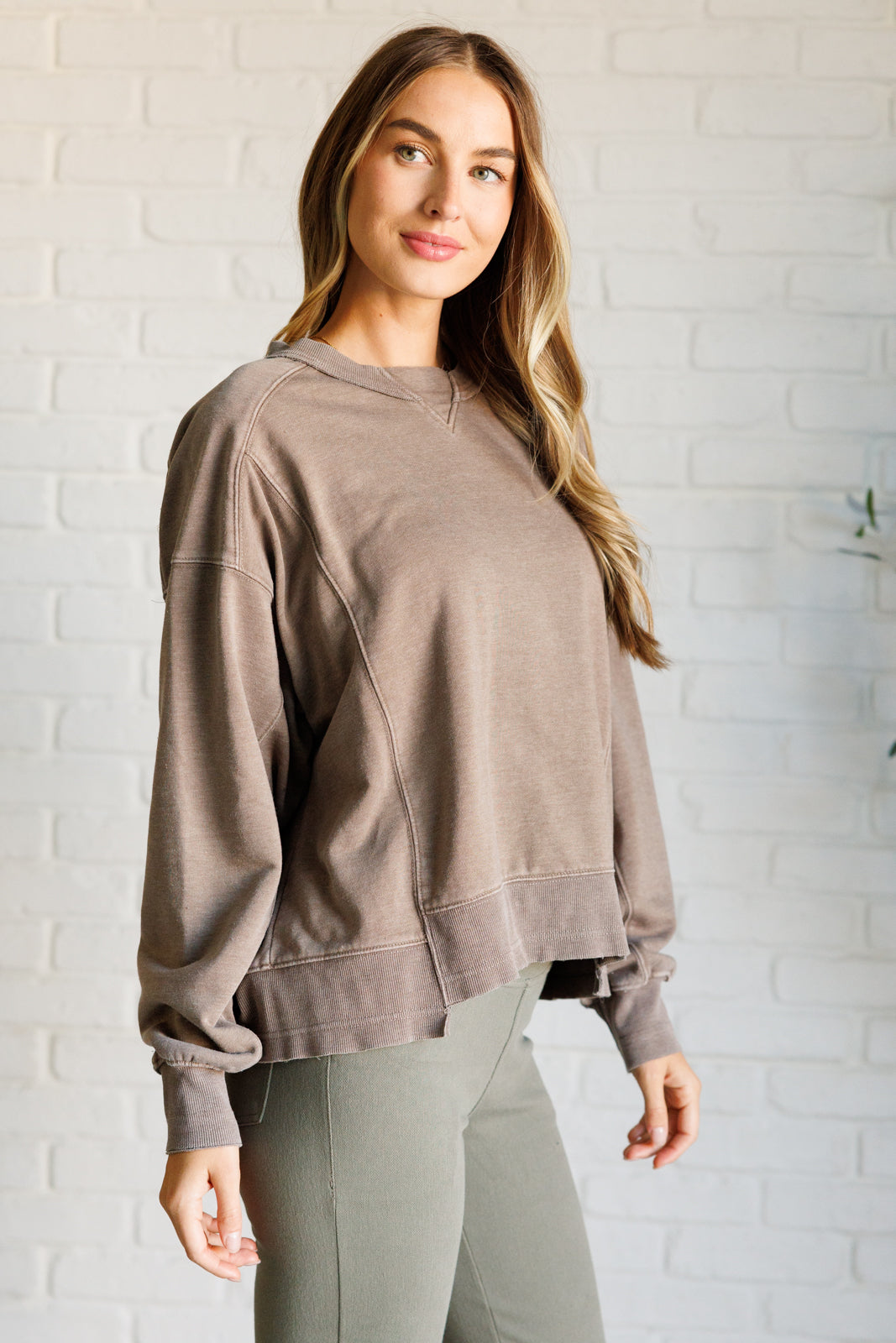 Quick Fix Mineral Wash Crew Neck Pullover in Mocha - Charming Charlie