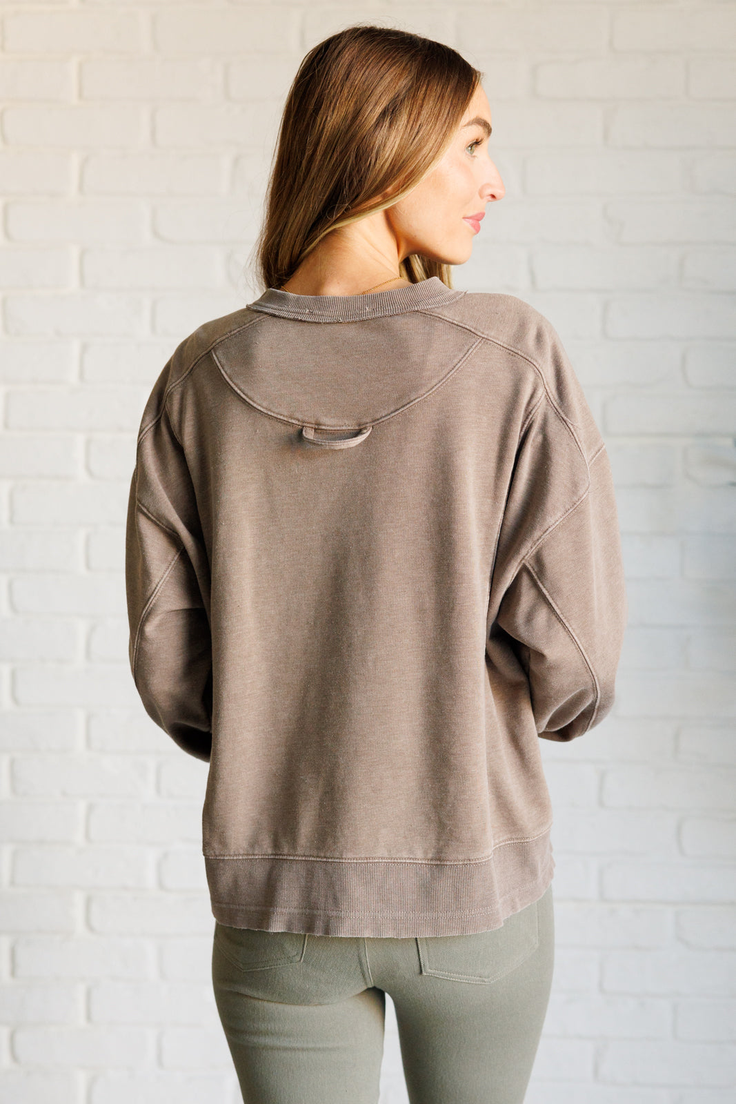 Quick Fix Mineral Wash Crew Neck Pullover in Mocha - Charming Charlie