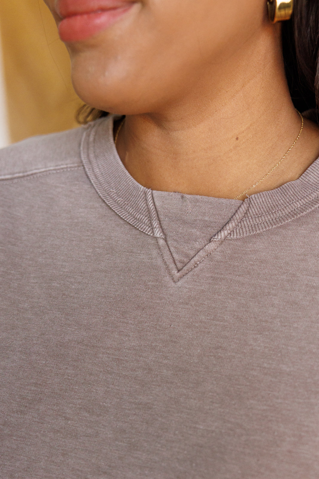 Quick Fix Mineral Wash Crew Neck Pullover in Mocha - Charming Charlie