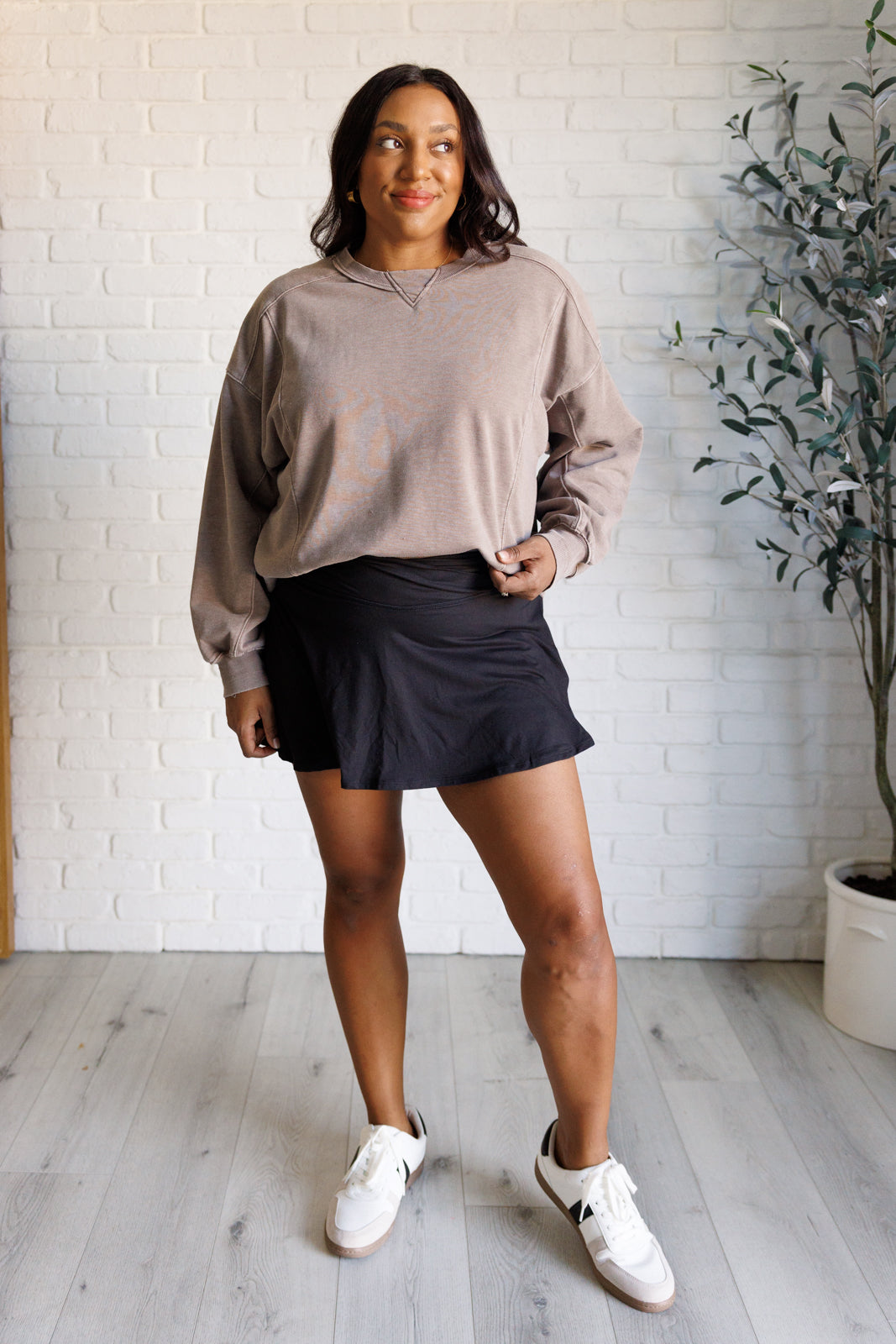 Quick Fix Mineral Wash Crew Neck Pullover in Mocha - Charming Charlie