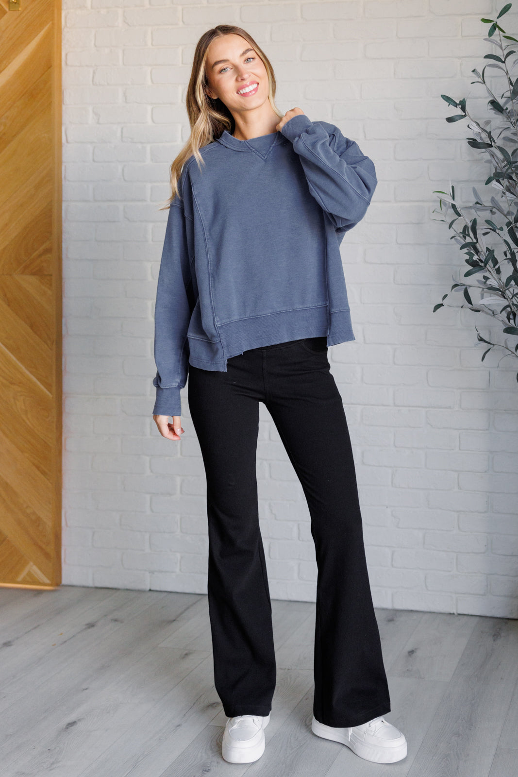 Quick Fix Mineral Wash Crew Neck Pullover in Psychic - Charming Charlie