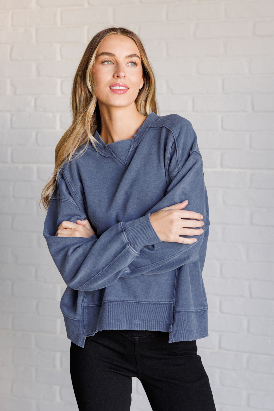 Quick Fix Mineral Wash Crew Neck Pullover in Psychic - Charming Charlie