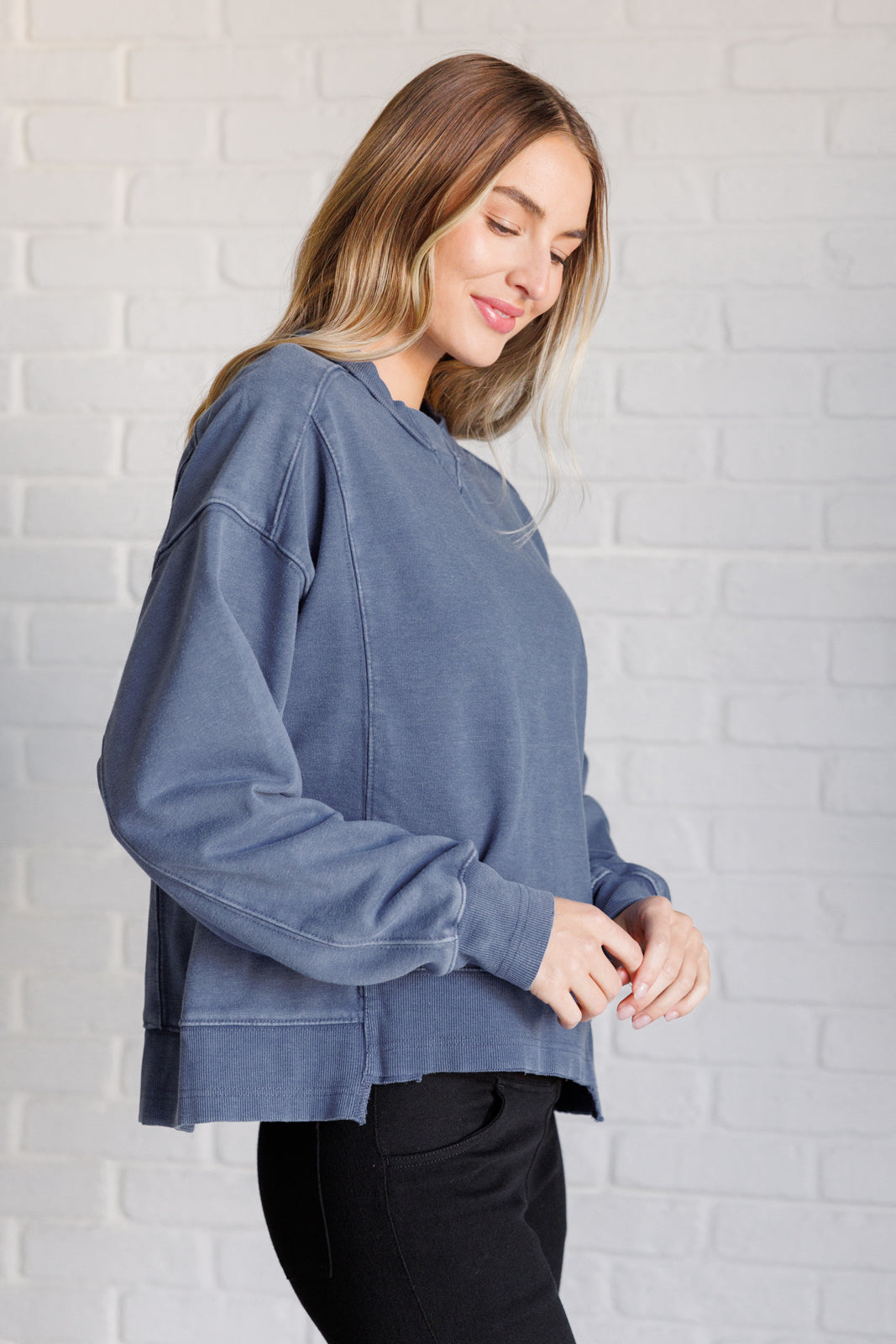 Quick Fix Mineral Wash Crew Neck Pullover in Psychic - Charming Charlie