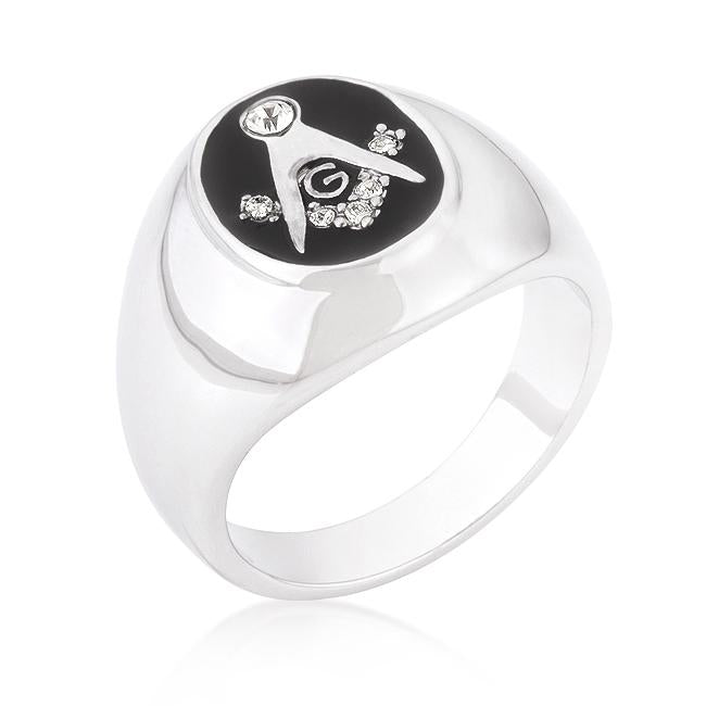 Rhodium Plated Onyx Cubic Zirconia Masonic Ring - Charming Charlie