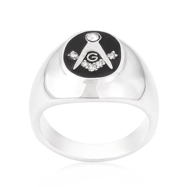 Rhodium Plated Onyx Cubic Zirconia Masonic Ring - Charming Charlie