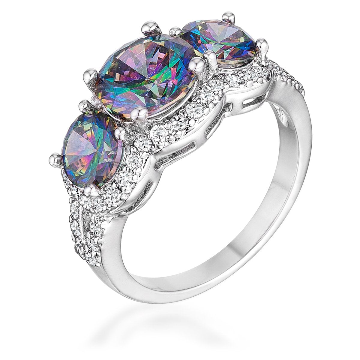 4 Ct Three Stone Rhodium Ring with Mystic and Clear CZ - Charming Charlie