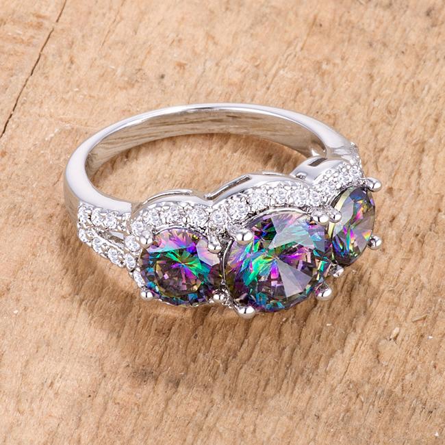 4 Ct Three Stone Rhodium Ring with Mystic and Clear CZ - Charming Charlie