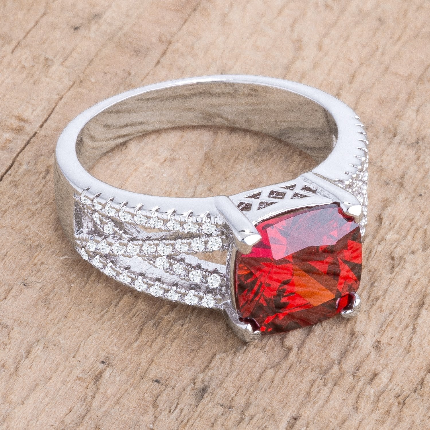 3Ct Elegant Rhodium Plated Criss-Cross Garnet CZ Engagement Ring - Charming Charlie