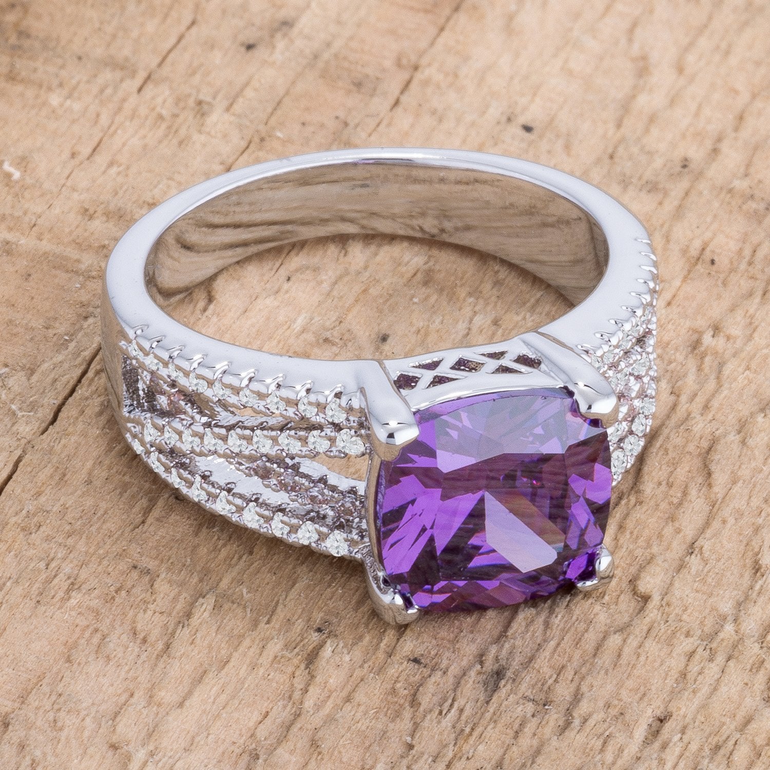 3Ct Elegant Silvertone Criss-Cross Amethyst Purple CZ Engagement Ring - Charming Charlie