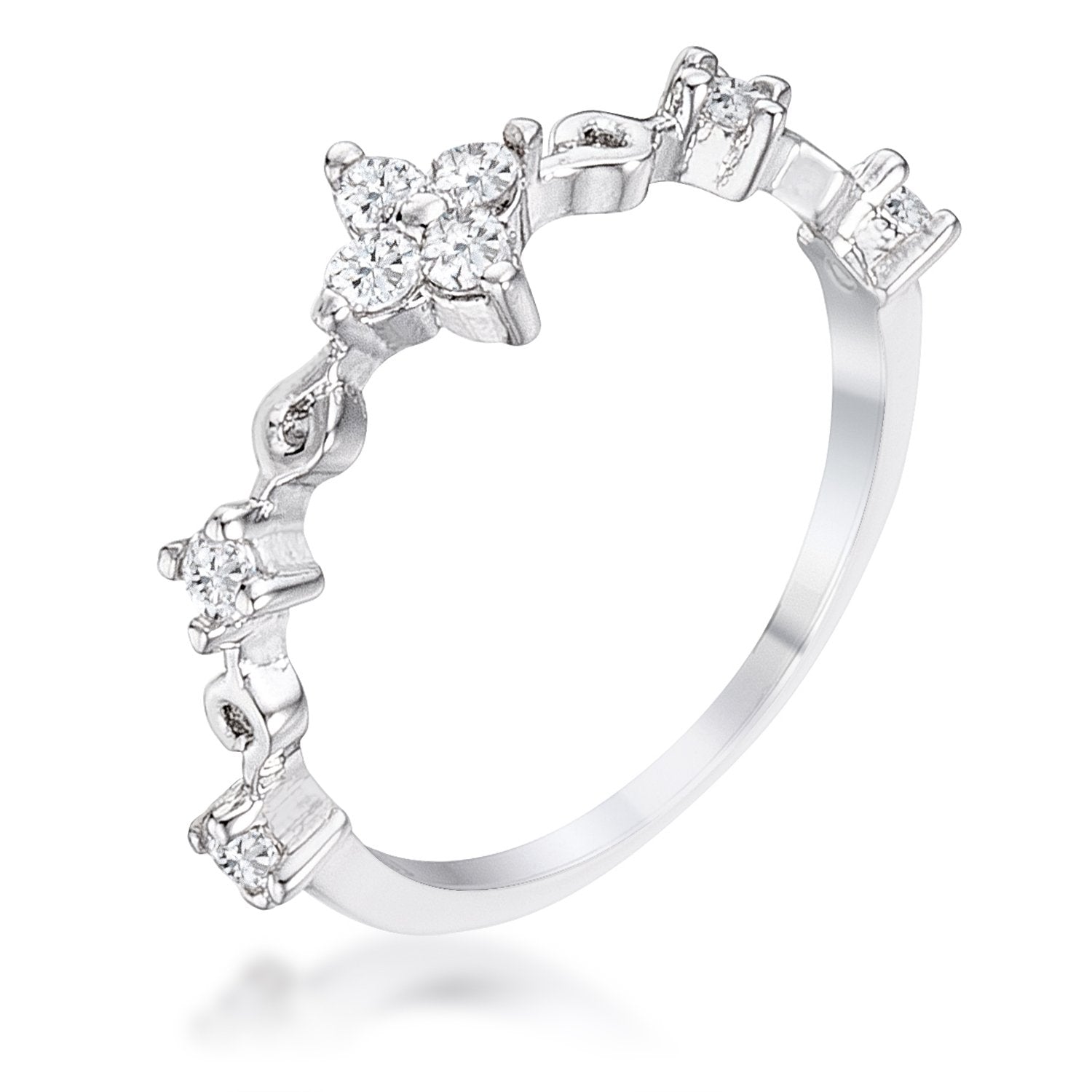 .24Ct Rhodium Plated Clear CZ Mini Floral Half Eternity Stackable Band - Charming Charlie