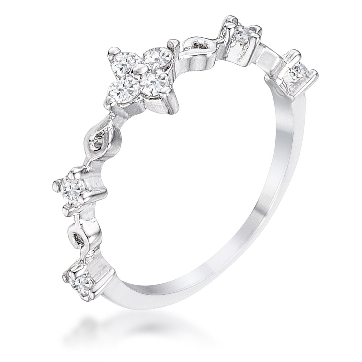 .24Ct Rhodium Plated Clear CZ Mini Floral Half Eternity Stackable Band - Charming Charlie