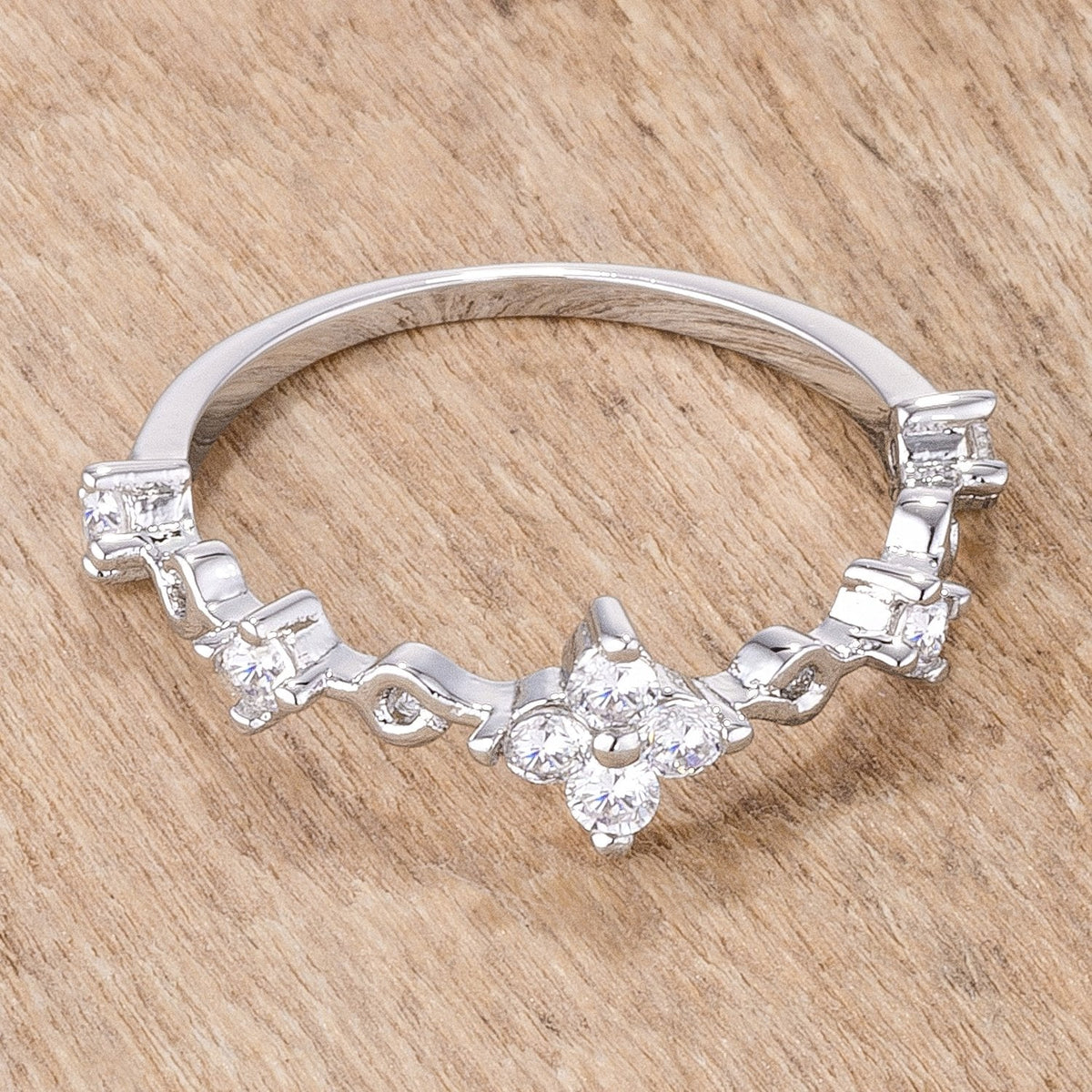 .24Ct Rhodium Plated Clear CZ Mini Floral Half Eternity Stackable Band - Charming Charlie