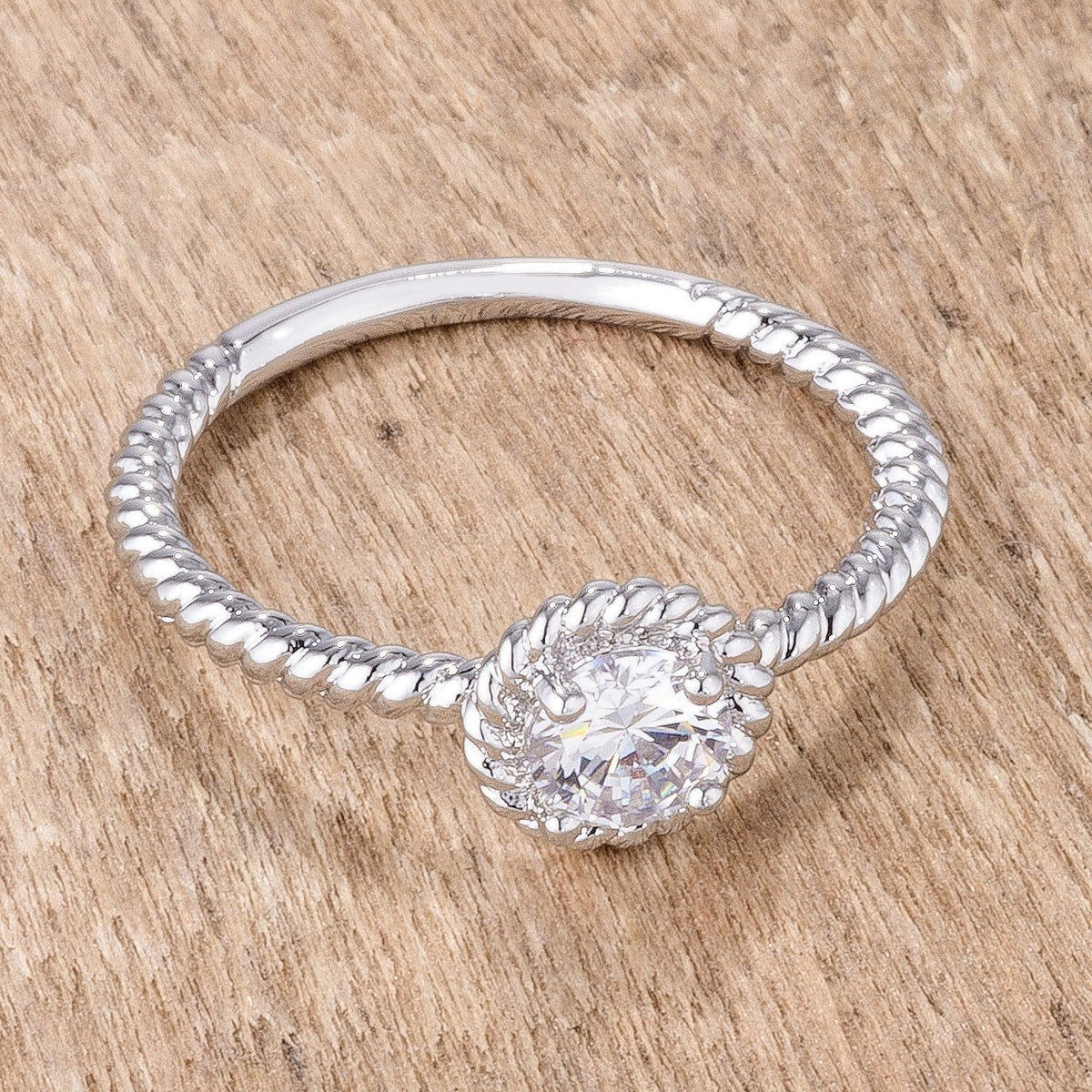 .45Ct Rhodium Plated Mini Twisted Rope CZ Solitaire Ring - Charming Charlie