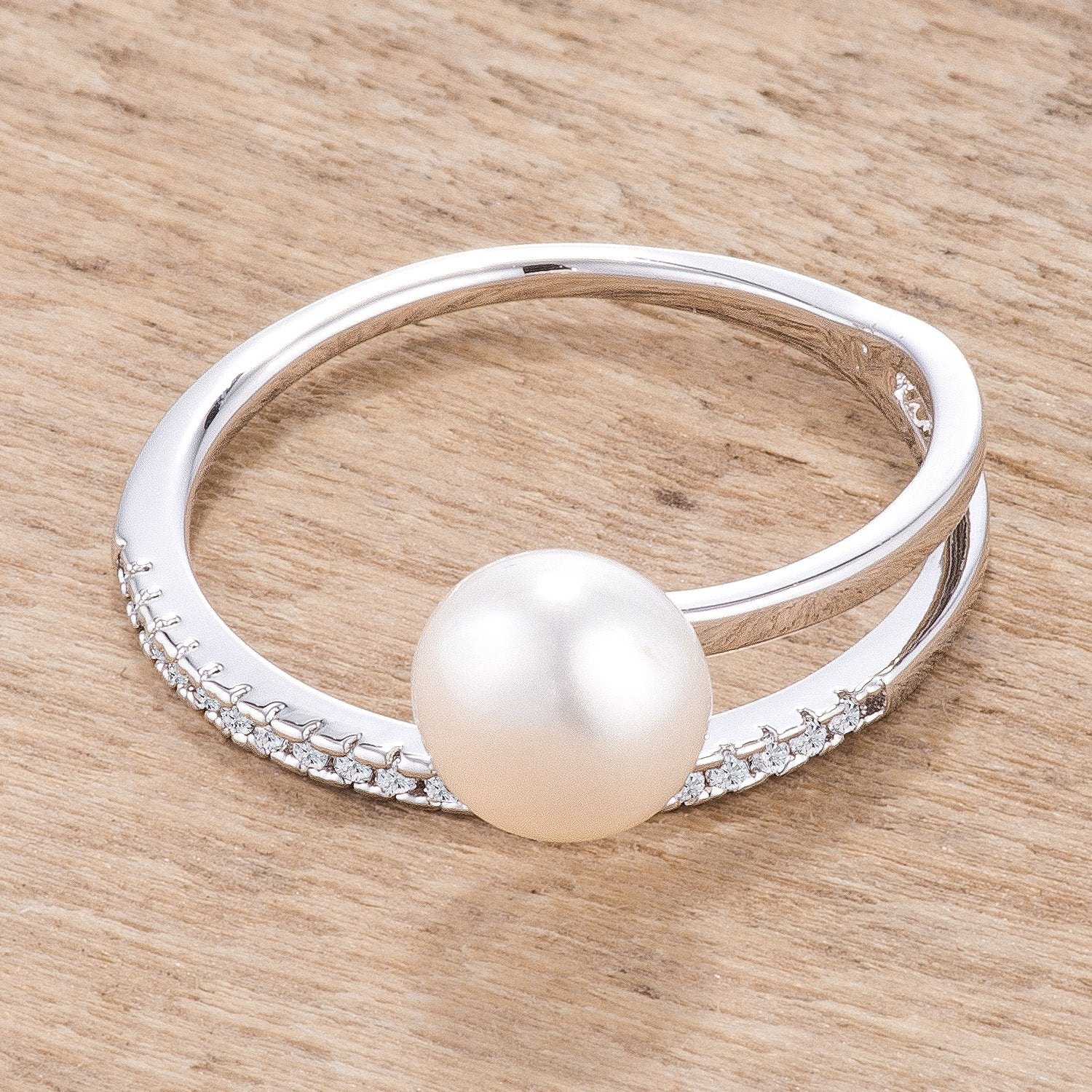 .15Ct Rhodium Plated Freshwater Pearl Ring With CZ Micro Pave Band - Charming Charlie
