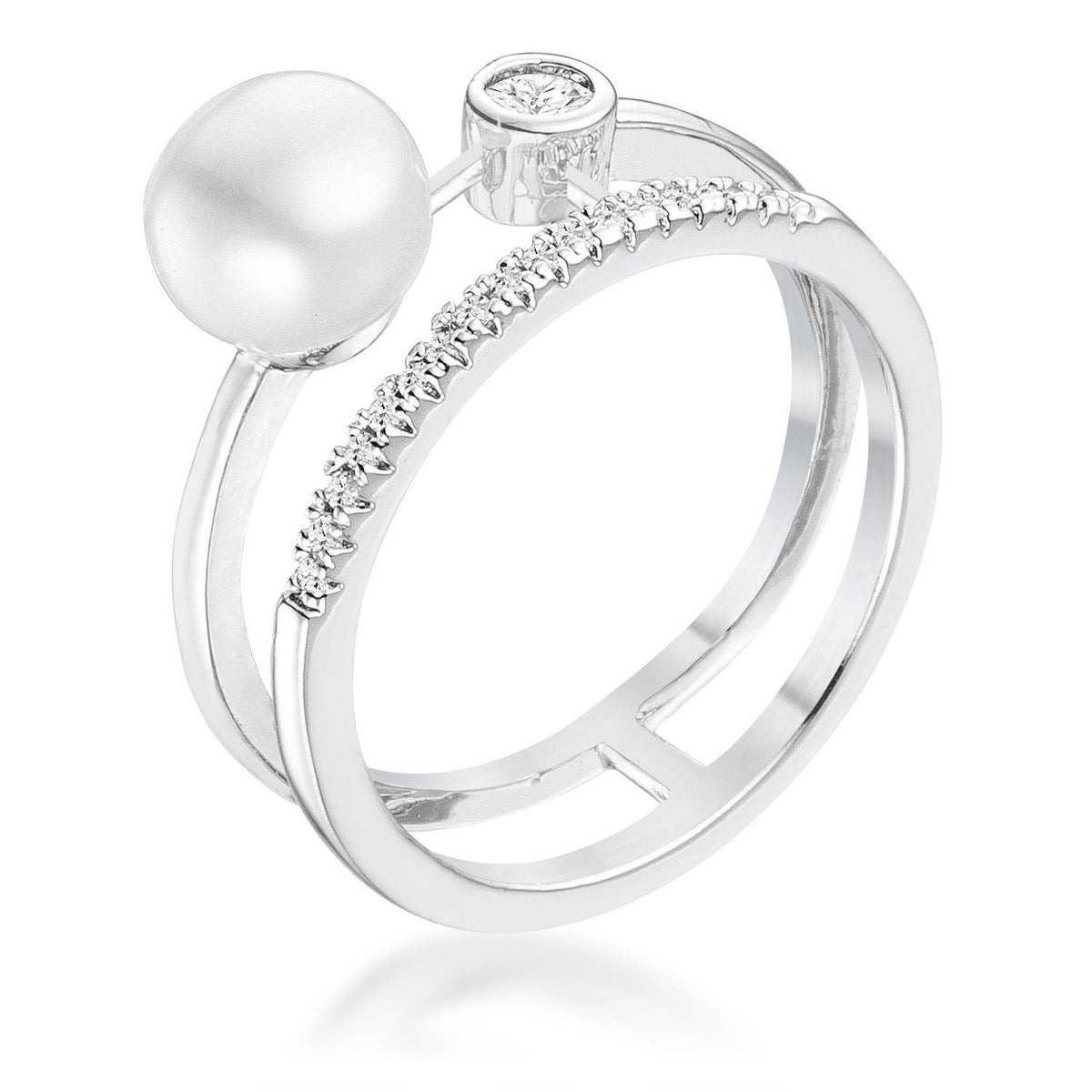 .15Ct Rhodium Plated CZ and Freshwater Pearl Contemporary Double Band Ring - Charming Charlie