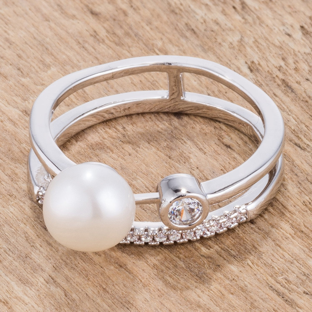 .15Ct Rhodium Plated CZ and Freshwater Pearl Contemporary Double Band Ring - Charming Charlie