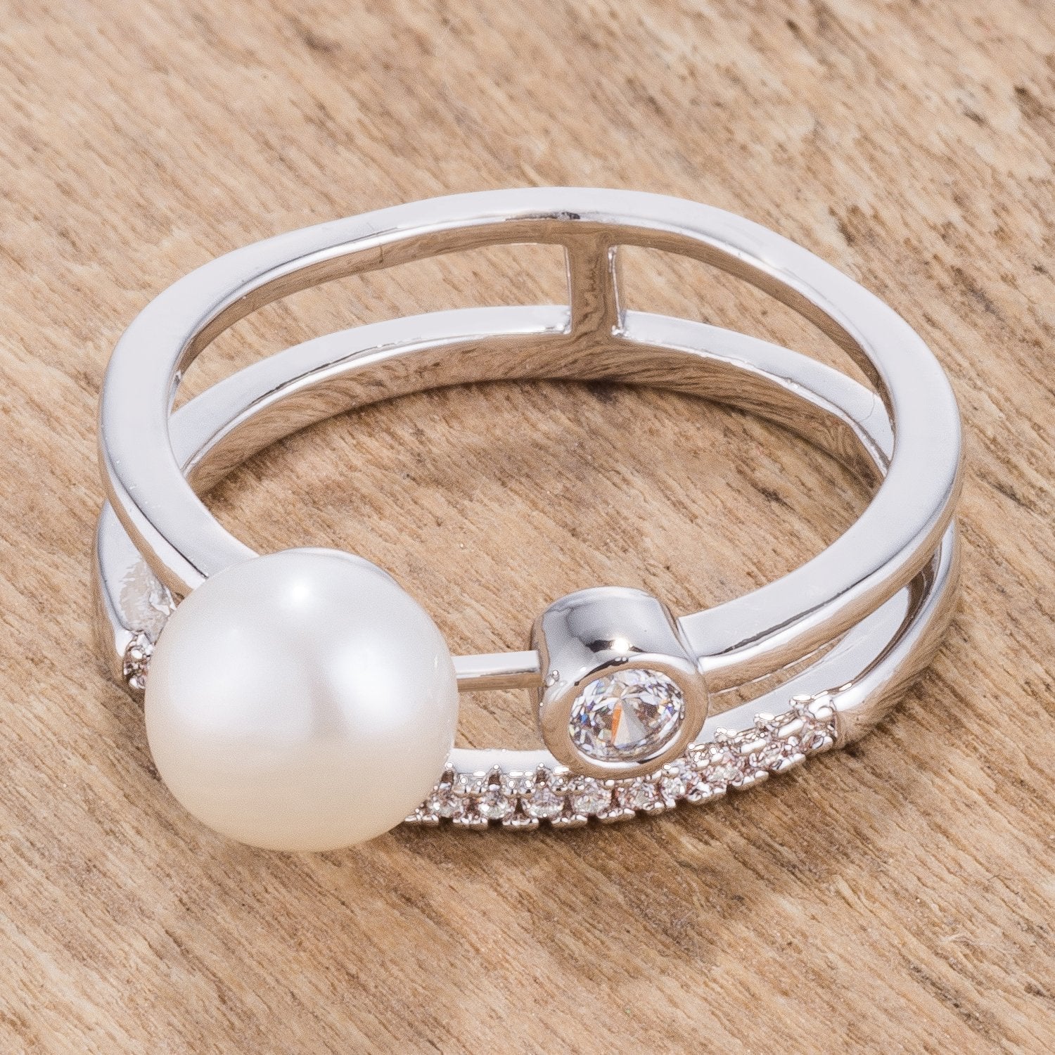 .15Ct Rhodium Plated CZ and Freshwater Pearl Contemporary Double Band Ring - Charming Charlie
