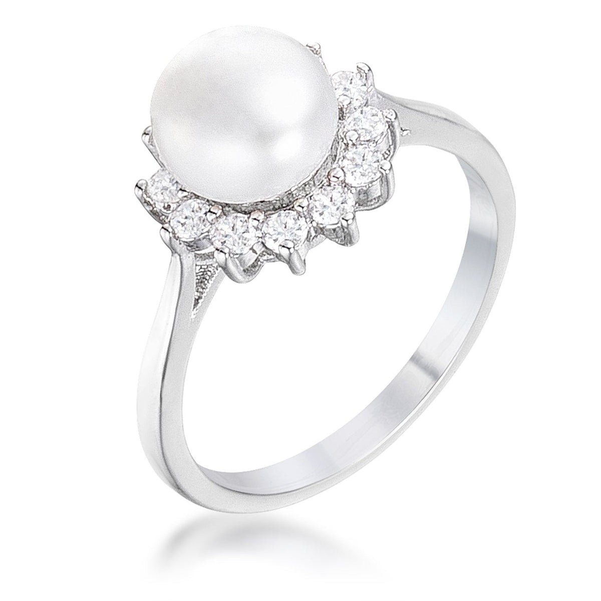 .36Ct Rhodium Plated Freshwater Pearl and CZ Halo Ring - Charming Charlie